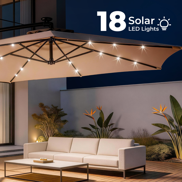 10FT Round Patio Hanging Umbrella with LED Lights - Khaki