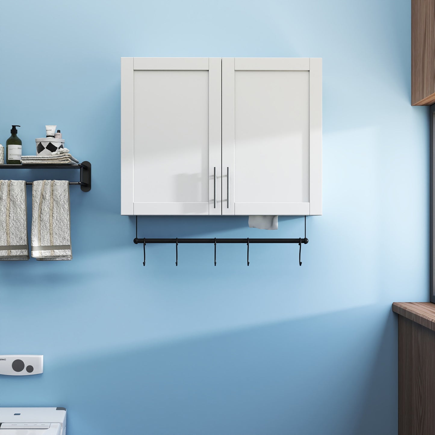 Over The Toilet Bathroom Wall Cabinet with Adjustable Shelf, Towel Bar & 5 Hooks - White