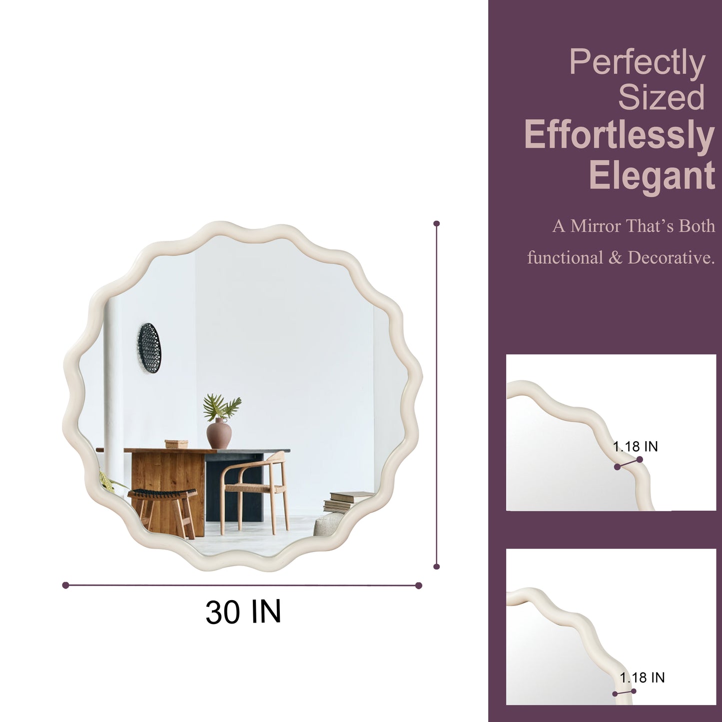 30-Inch White Wavy Round Solid Wood Frame Decorative Mirror