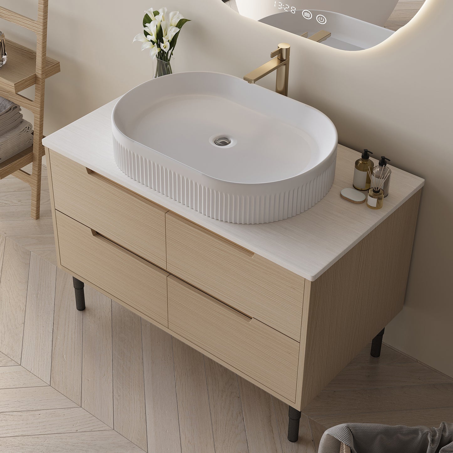 36 Inch Bathroom Vanity with Ceramic Sink & Soft-Close Drawers - White Wood