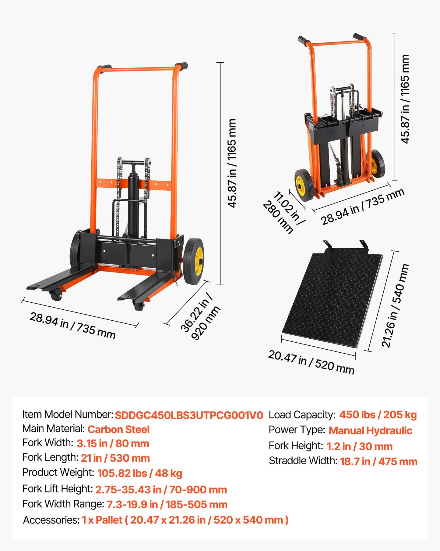 Hydraulic Material Lift Winch Stacker with 450 Lb Capacity - Portable Pallet Jack & Forklift Table, Black