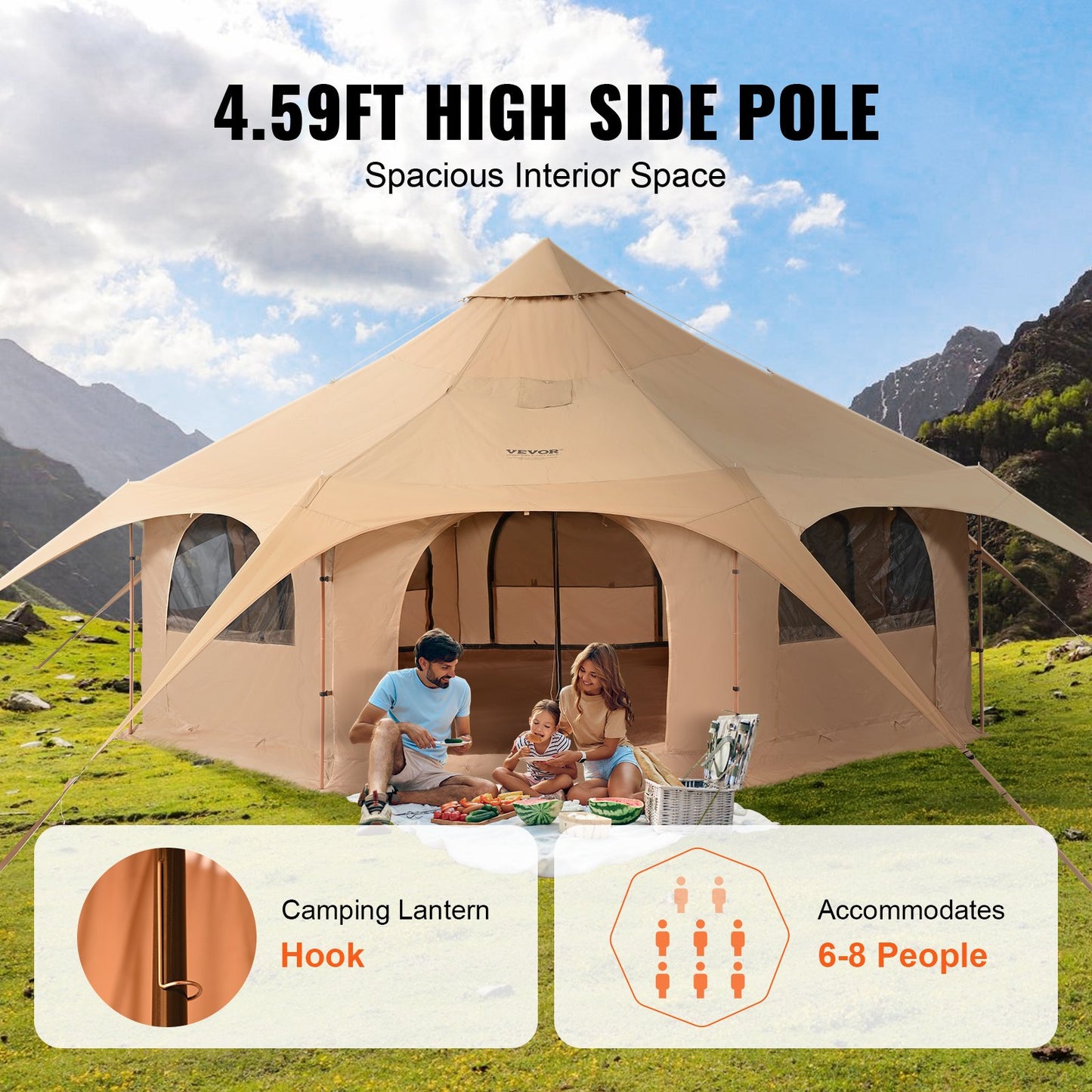 4-Season Canvas Bell Tent 5m/16.4ft for Camping & Family Outdoor Use with Stove Jack
