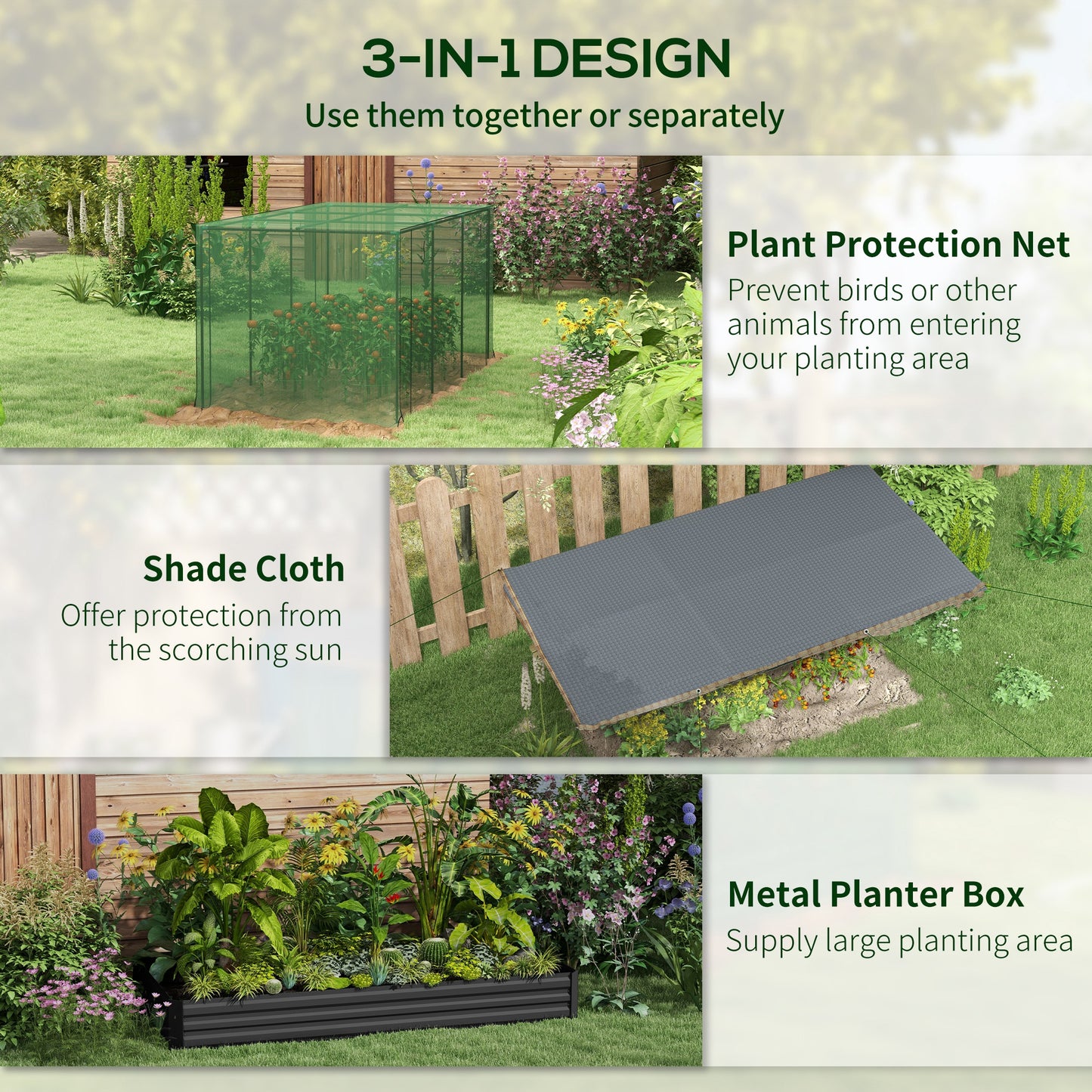 Galvanized Steel Raised Garden Bed with Crop Cage and Shade Cloth, Outdoor Planter Box - Gray 1190x360x140mm
