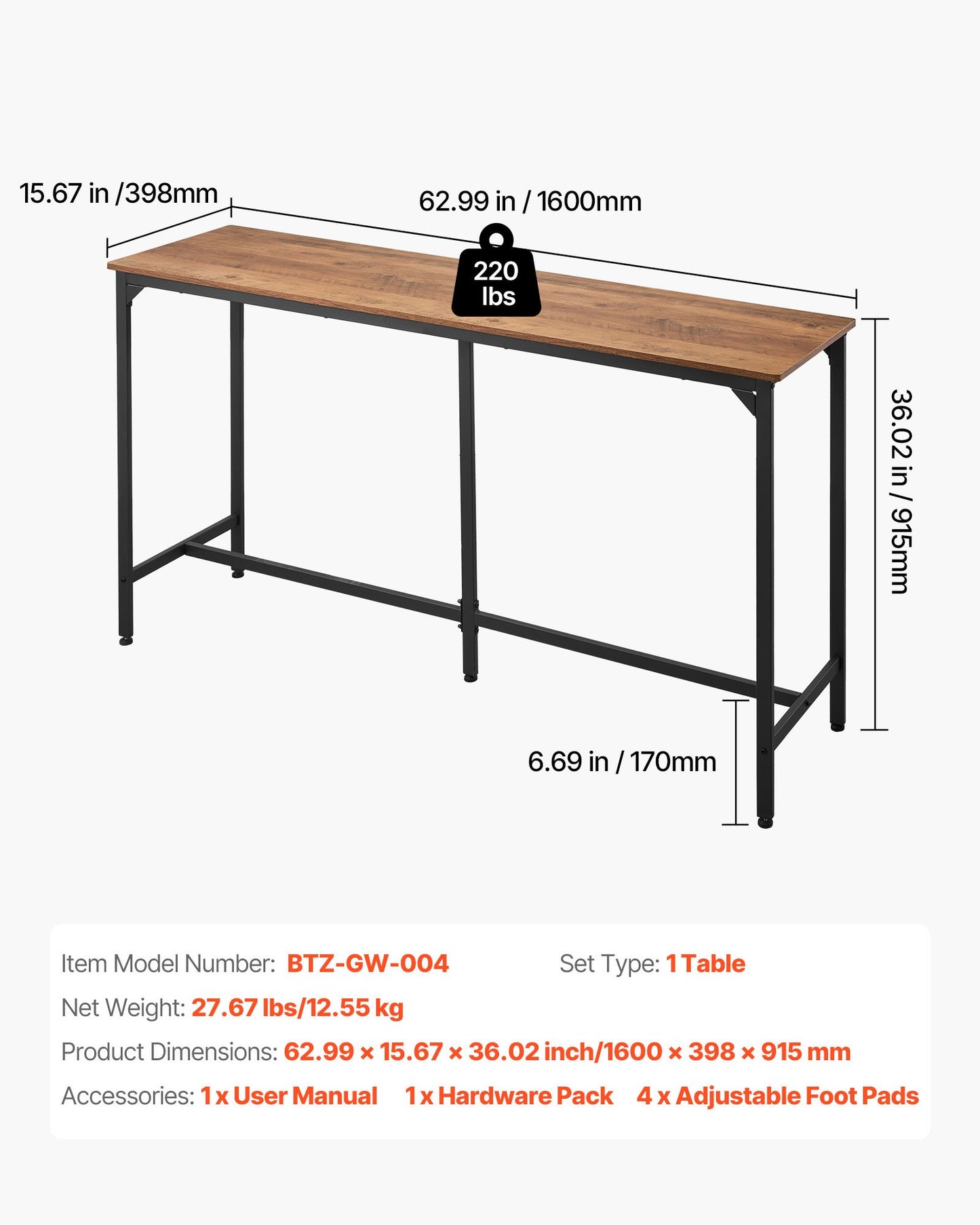 Black 53-Inch Rectangular Bar Table for Kitchen & Dining, Tall Pub Table with Rounded Edges