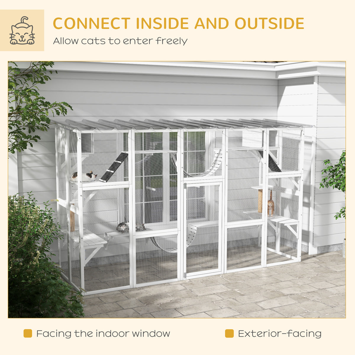 Large Outdoor Cat Enclosure with Condos & Bridges - White 118"