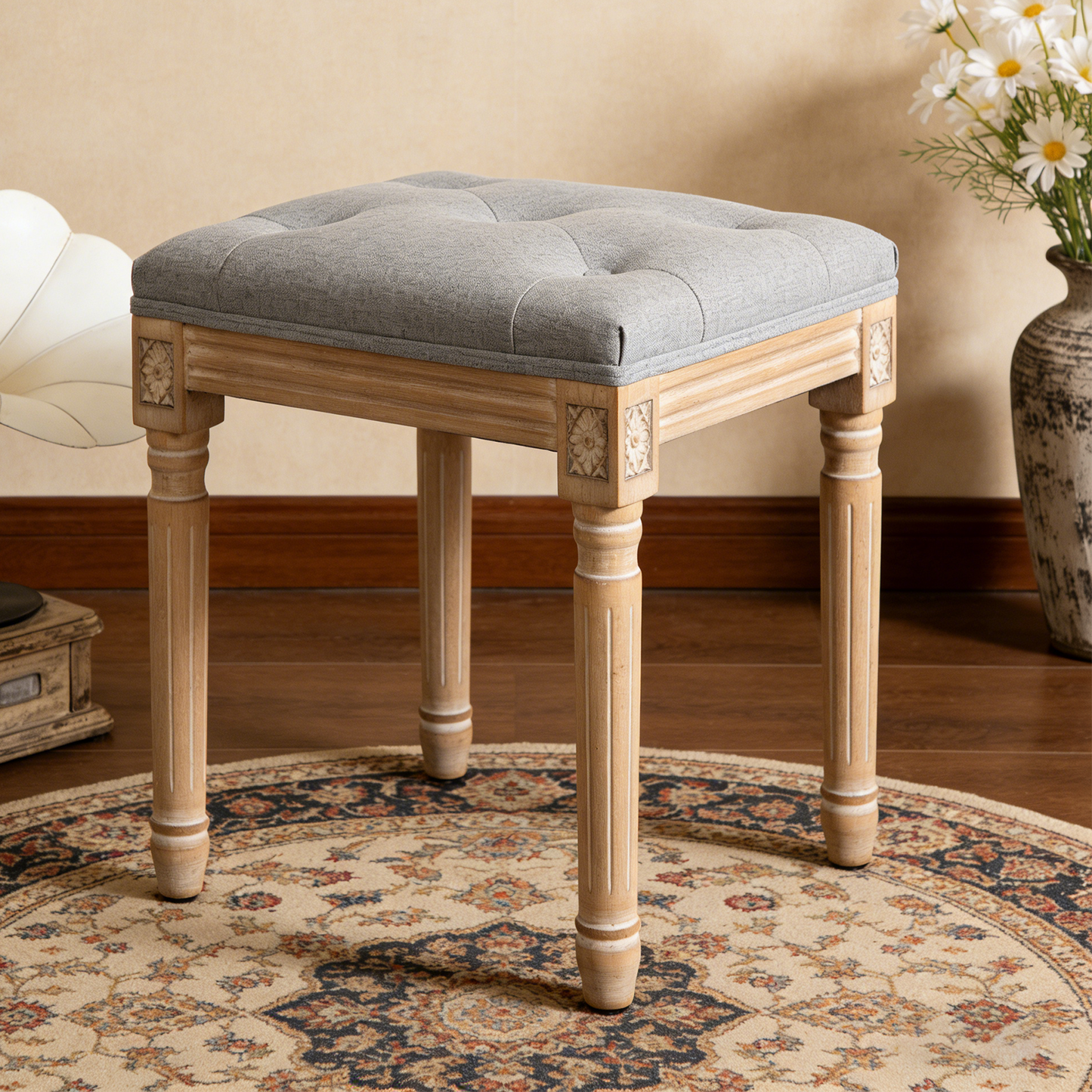 Grey Tufted Vanity Stool with Solid Wood Legs - Bedroom Bench
