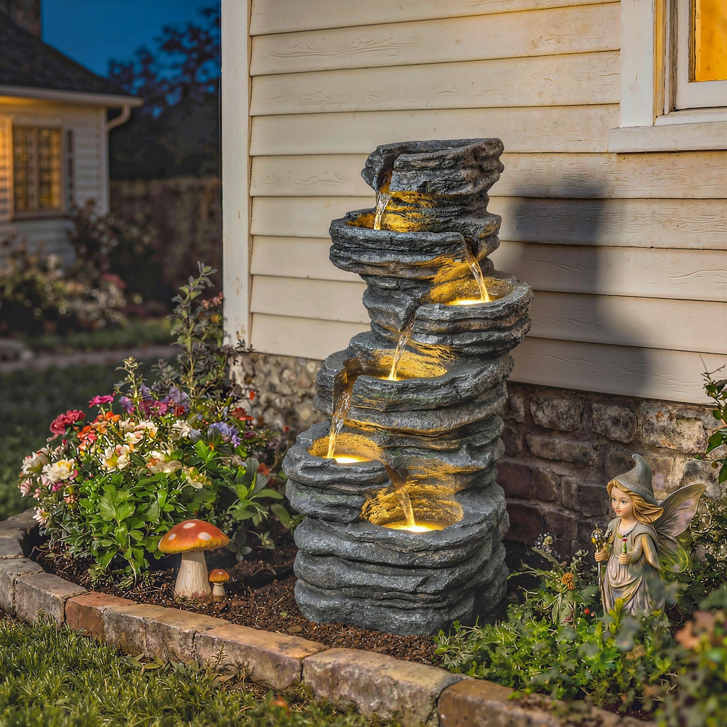 40-Inch Outdoor Water Fountain with LED Lights 6-Tier Cascading Resin Garden Feature - Gray