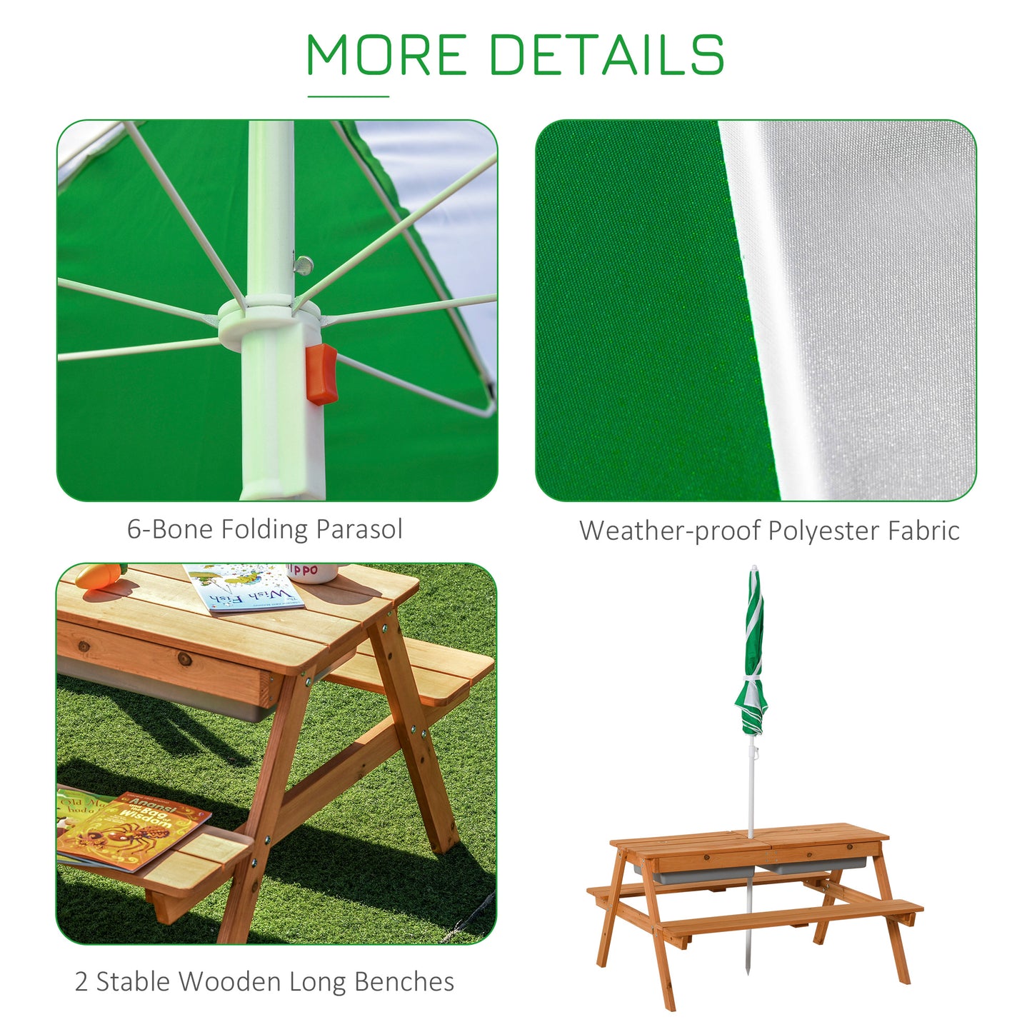 Kids 3-in-1 Wooden Sand and Water Table with Umbrella - Natural