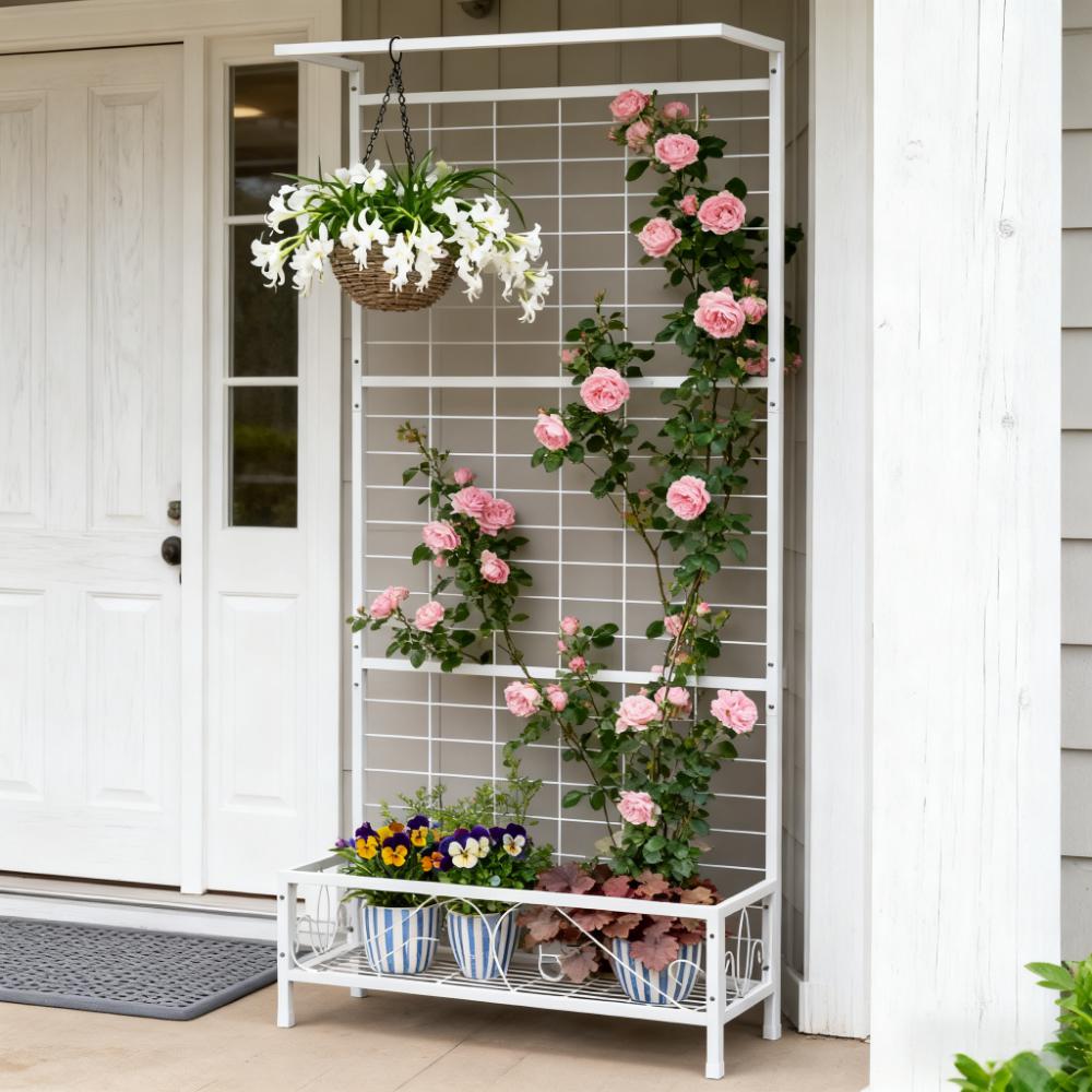 Metal Tall Plant Stand with Trellis - 74" White Garden Holder
