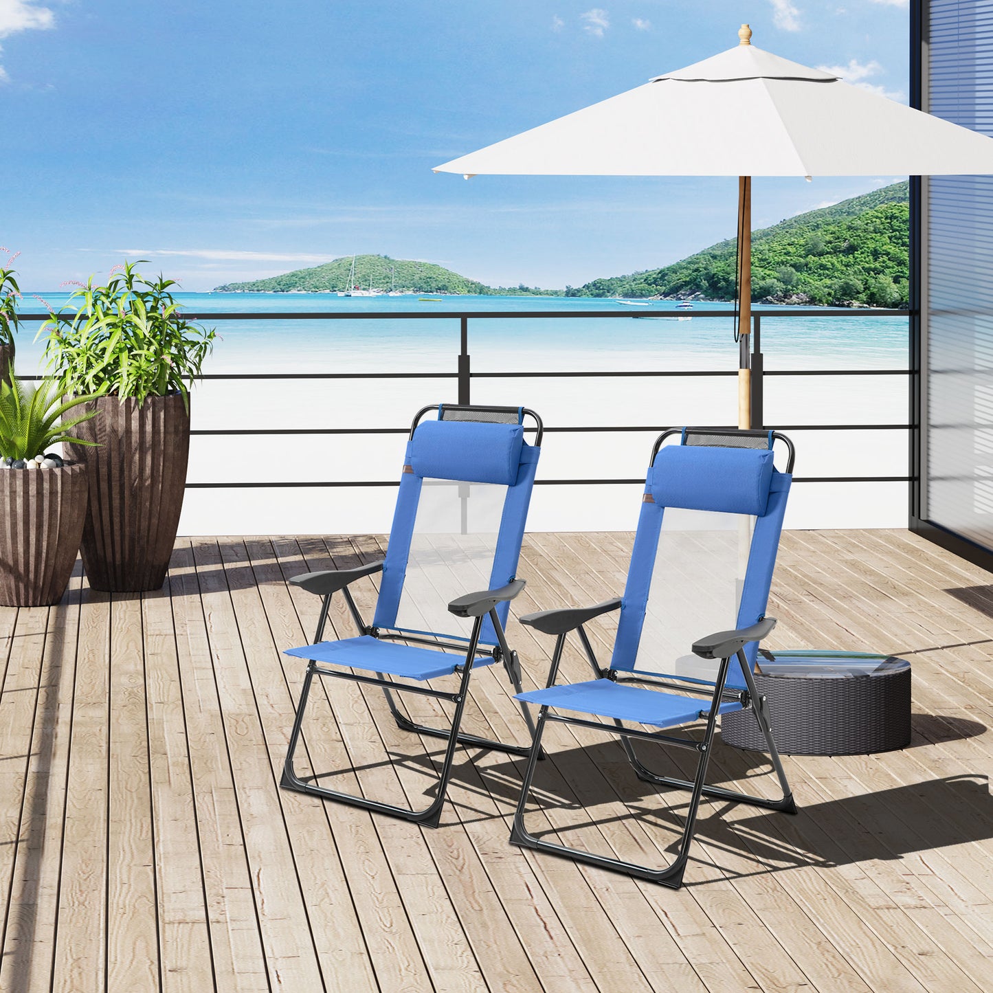 Folding Patio Dining Chairs Set of 2 - Adjustable Sling Back, Blue