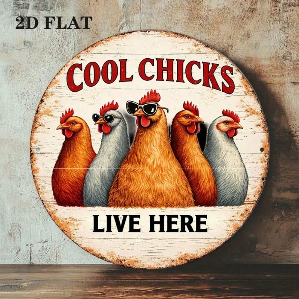 Funny Chicken Round Sign - Retro Farmhouse Decor - 8x8in Tin