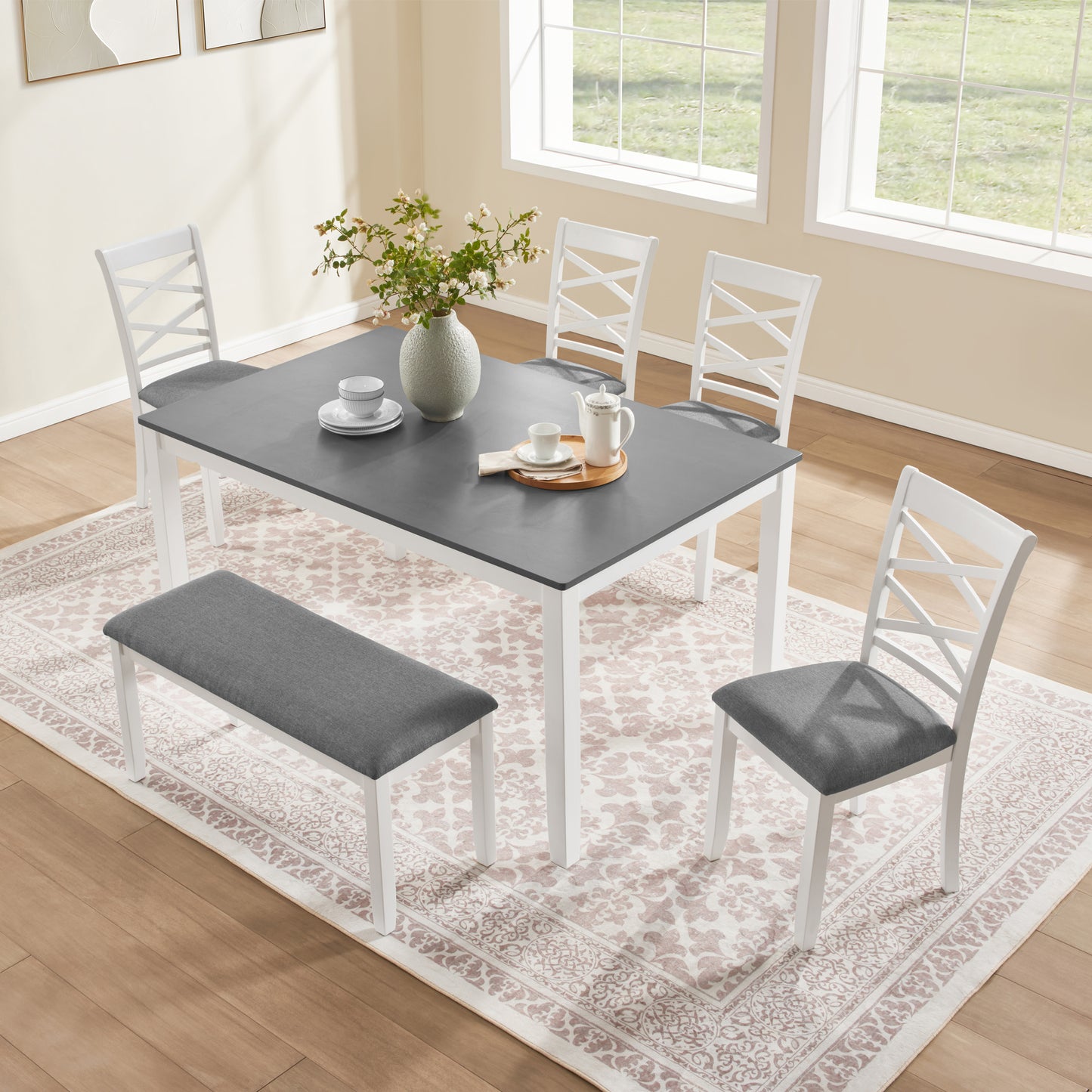 6-Piece Modern Dining Table Set with Bench - Grey & White
