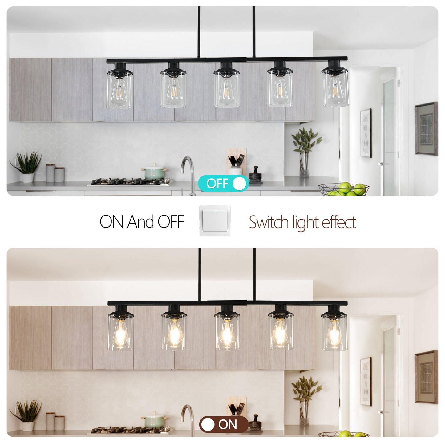 Modern Industrial 5-Light Chandelier - Matte Black & Glass Shades