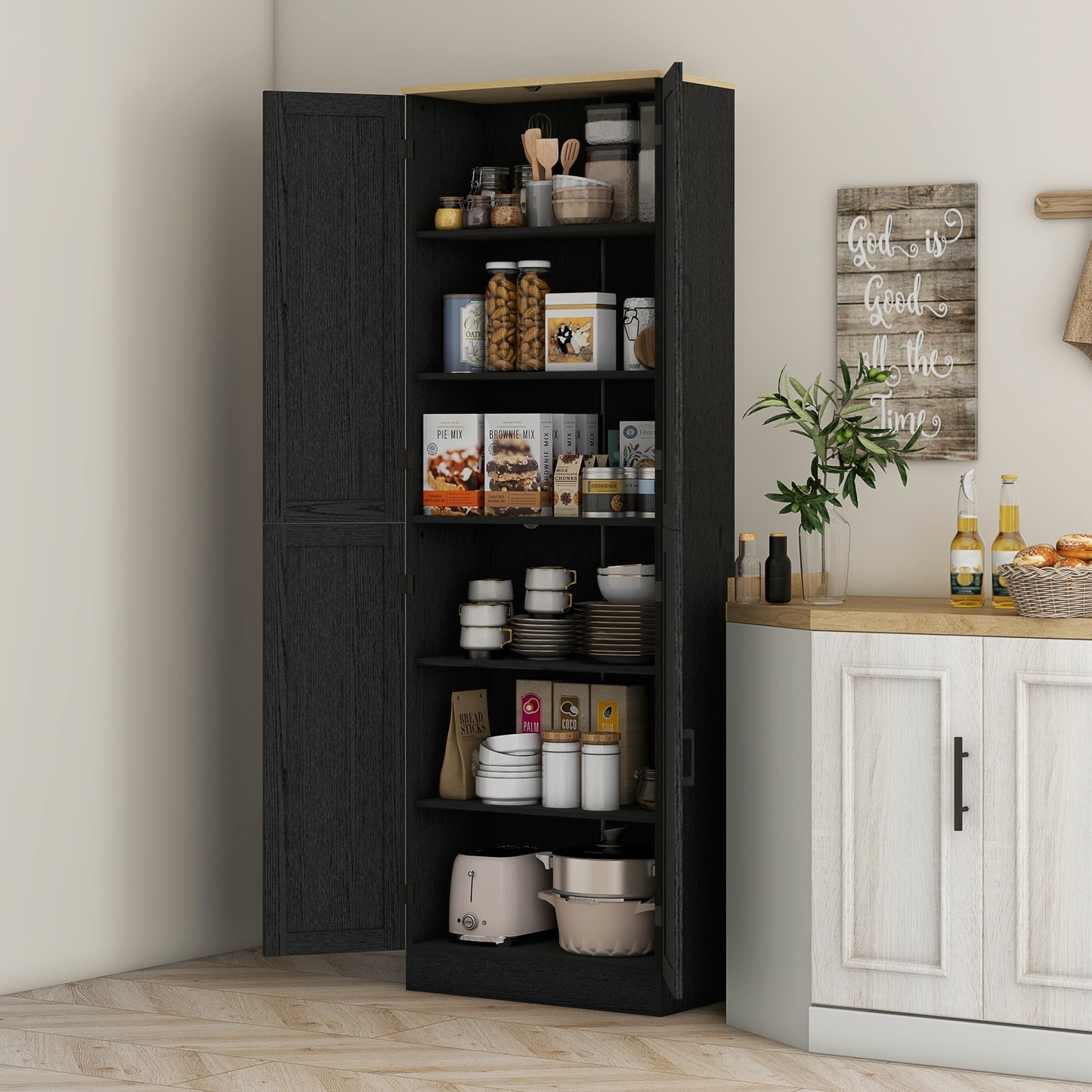 Freestanding Kitchen Pantry Cabinet with Adjustable Shelves - Distressed Black