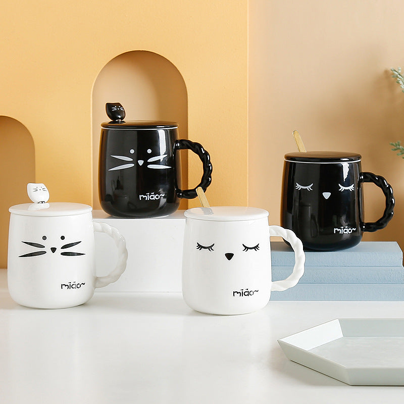 Ceramic Water Cup with Lid and Spoon - Cartoon Style, 401-500ml