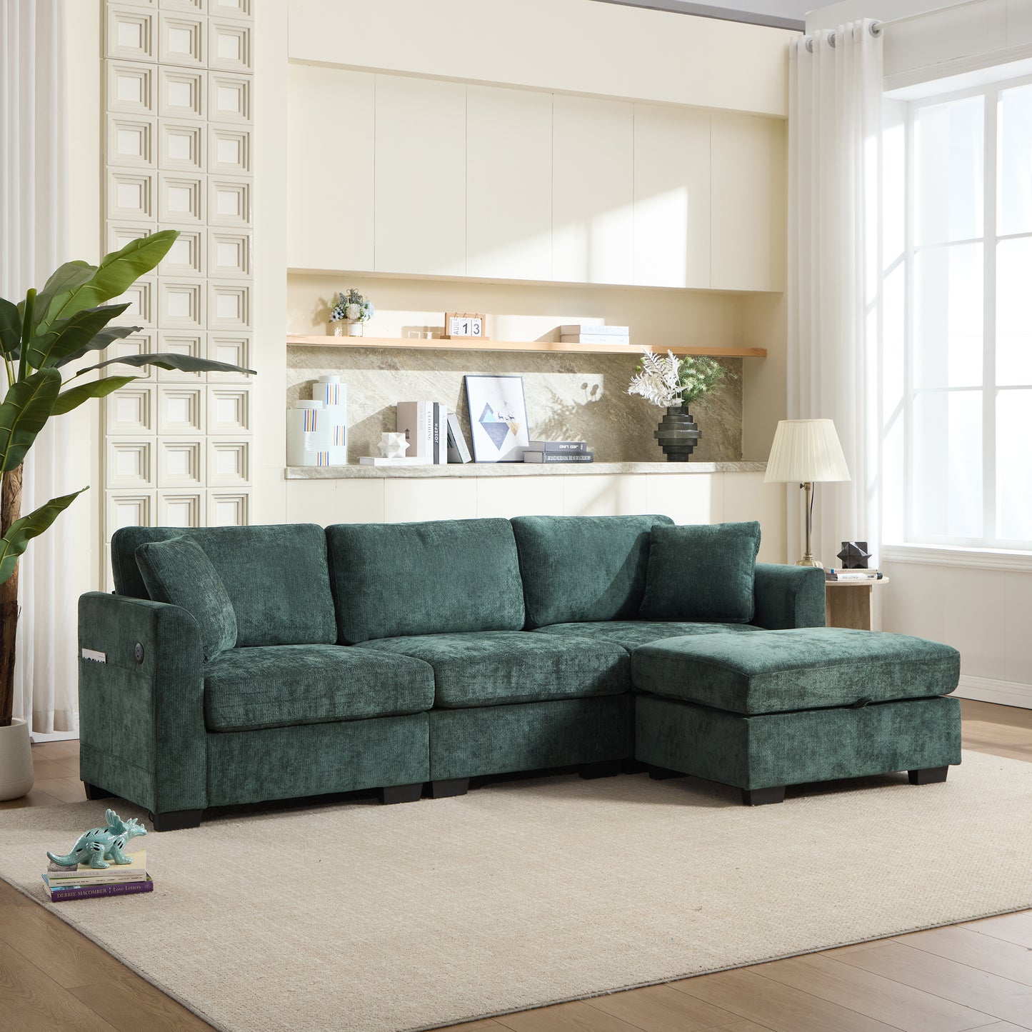 Modern L-Shaped Storage Sofa with USB Ports & Ottoman - Green