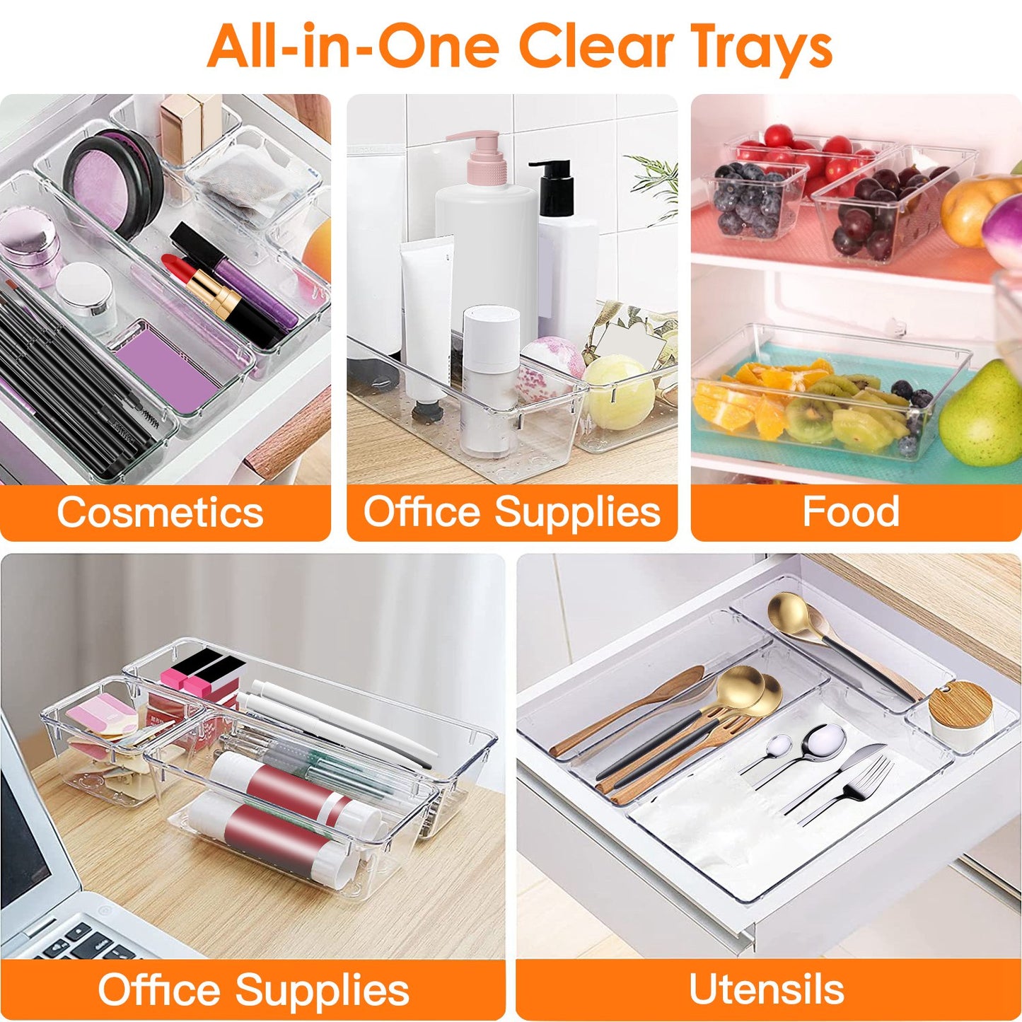 25Pcs Clear Plastic Drawer Organizers Set 4 Sizes Desk Dividers Trays