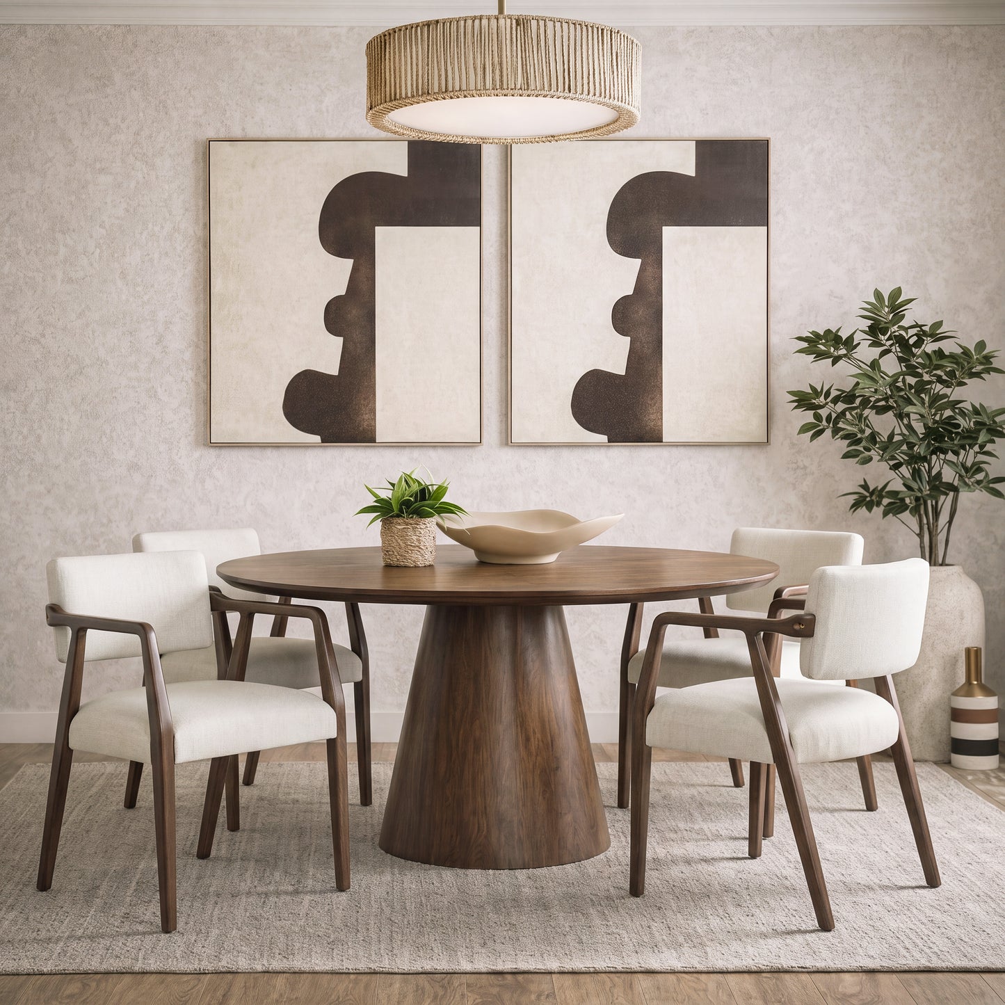 Mid-Century Upholstered Dining Armchair Set - Beige & Brown