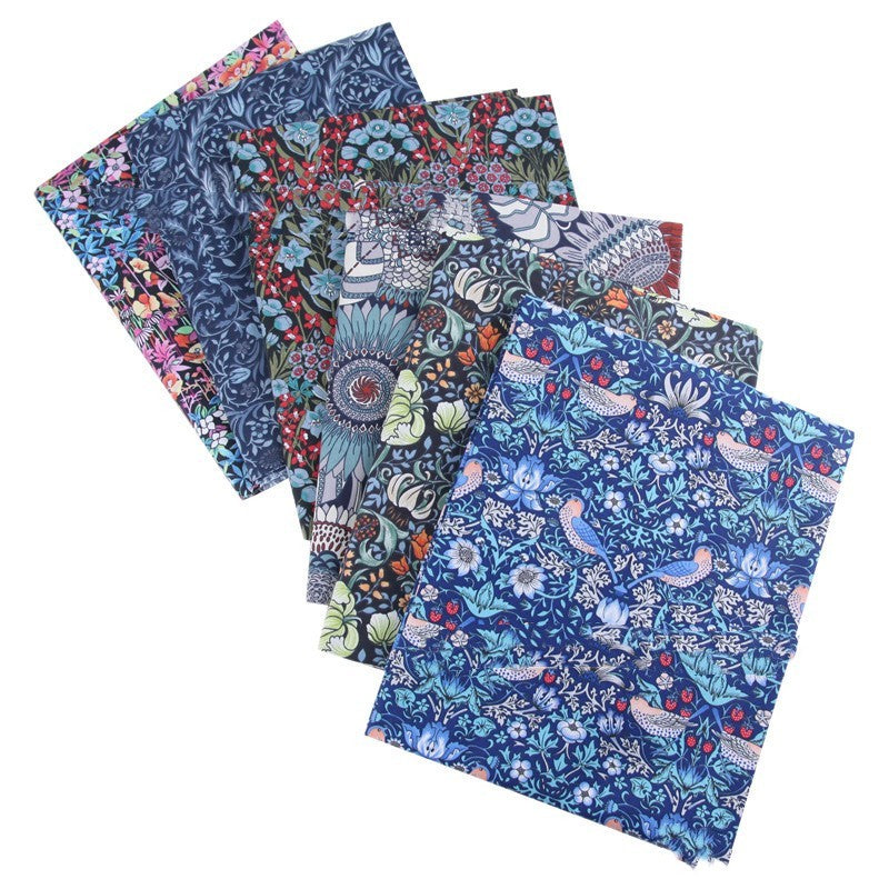 Deep Blue Bird Forest Cotton Fabric - Botanical Print 100% Cotton Textile