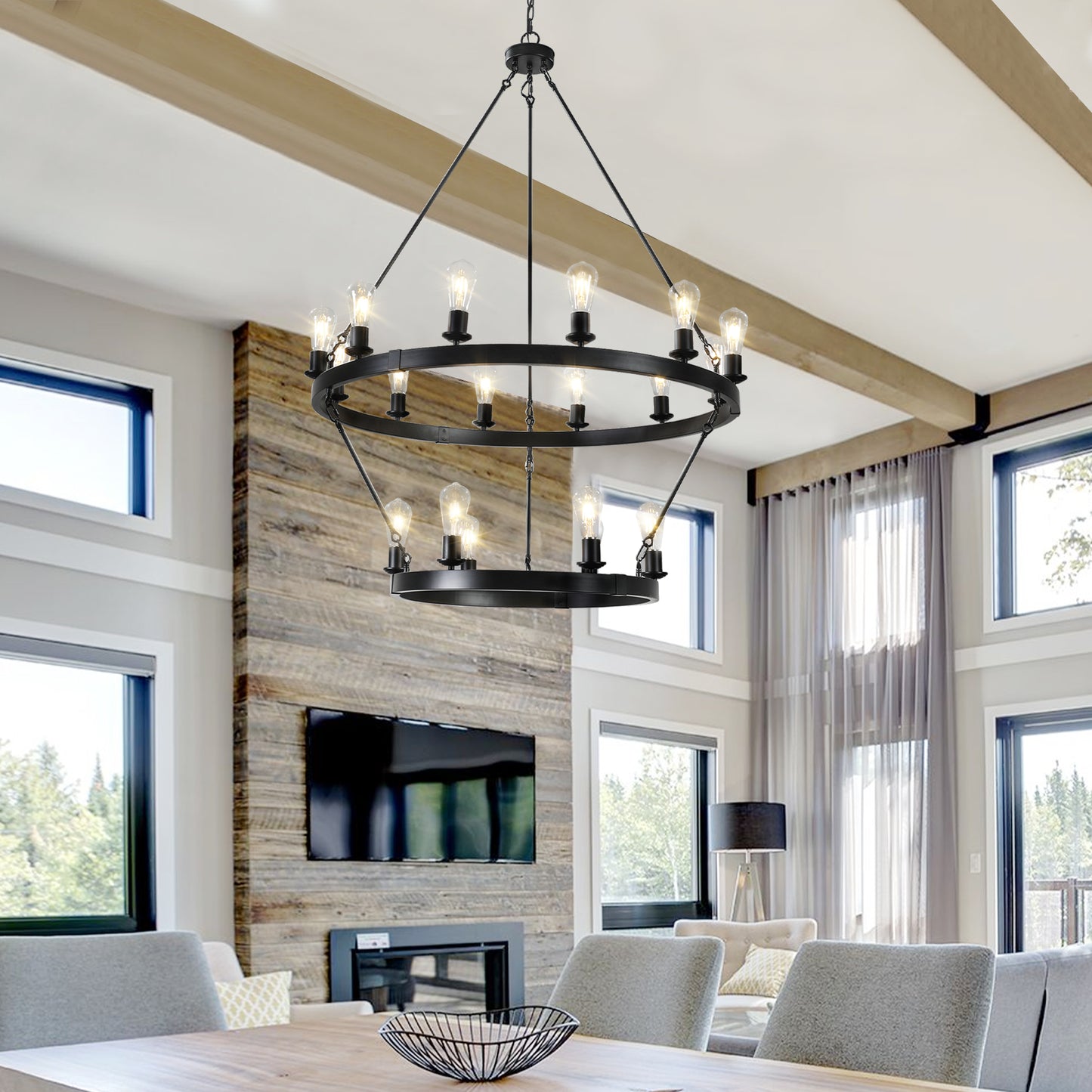 Large 2-Tier Circular Ironwork Chandelier - Retro Style
