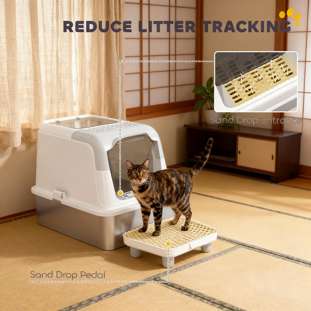 Enclosed Cat Litter Box with Scoop and Deodorizer - Gray/White