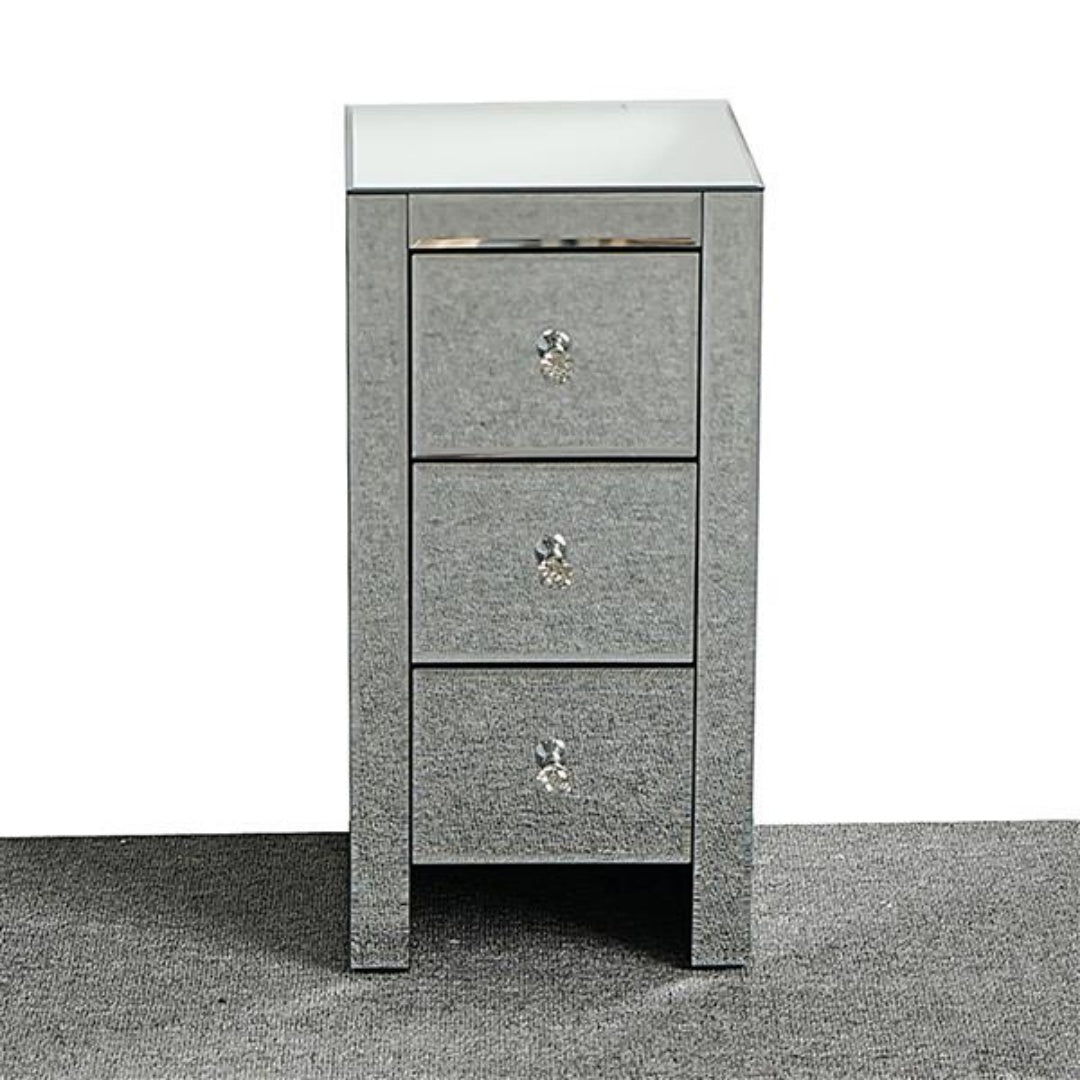 Mirrored Glass Bedside Table with 3 Drawers - Silver