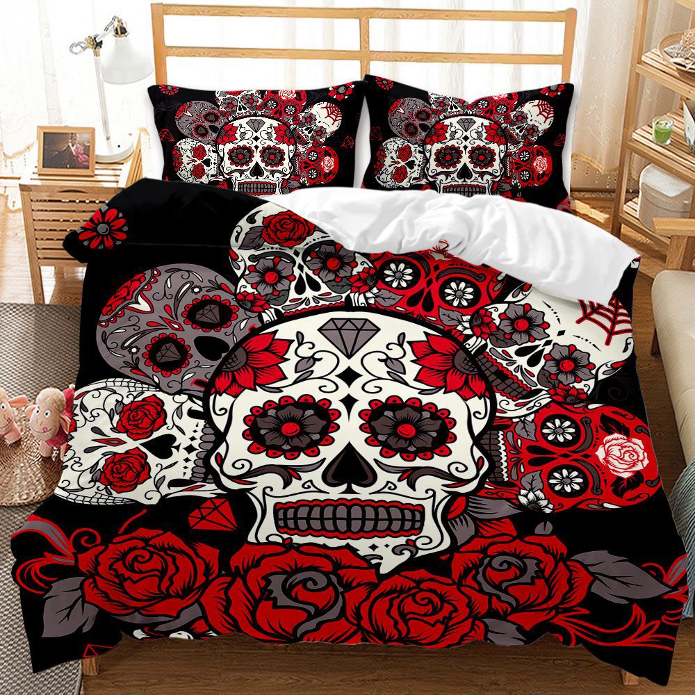 Three-Piece Skull Duvet Cover Set Modern Floral Bedding for Bedroom