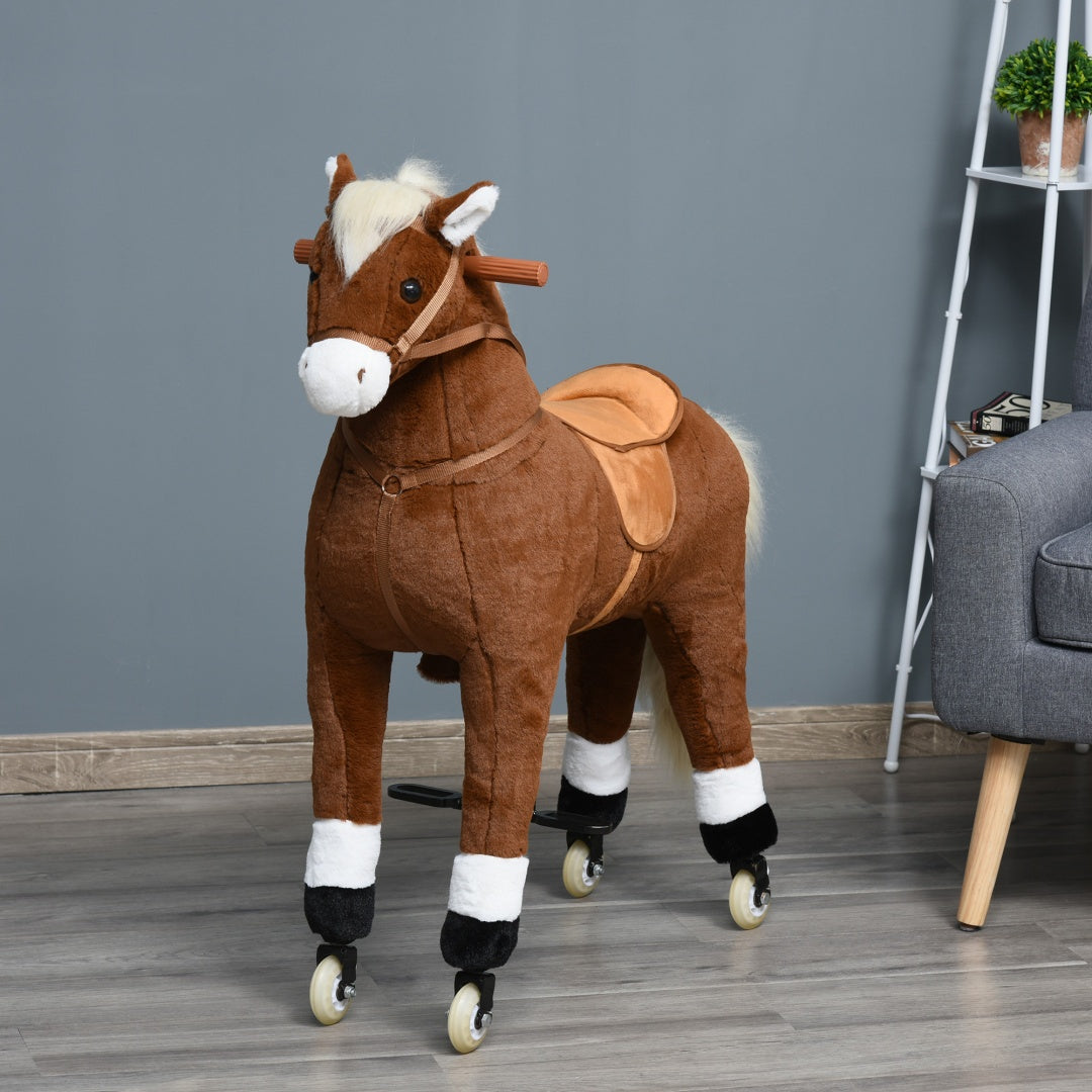 Kids Ride-On Walking Horse with Soft Plush Body - Brown