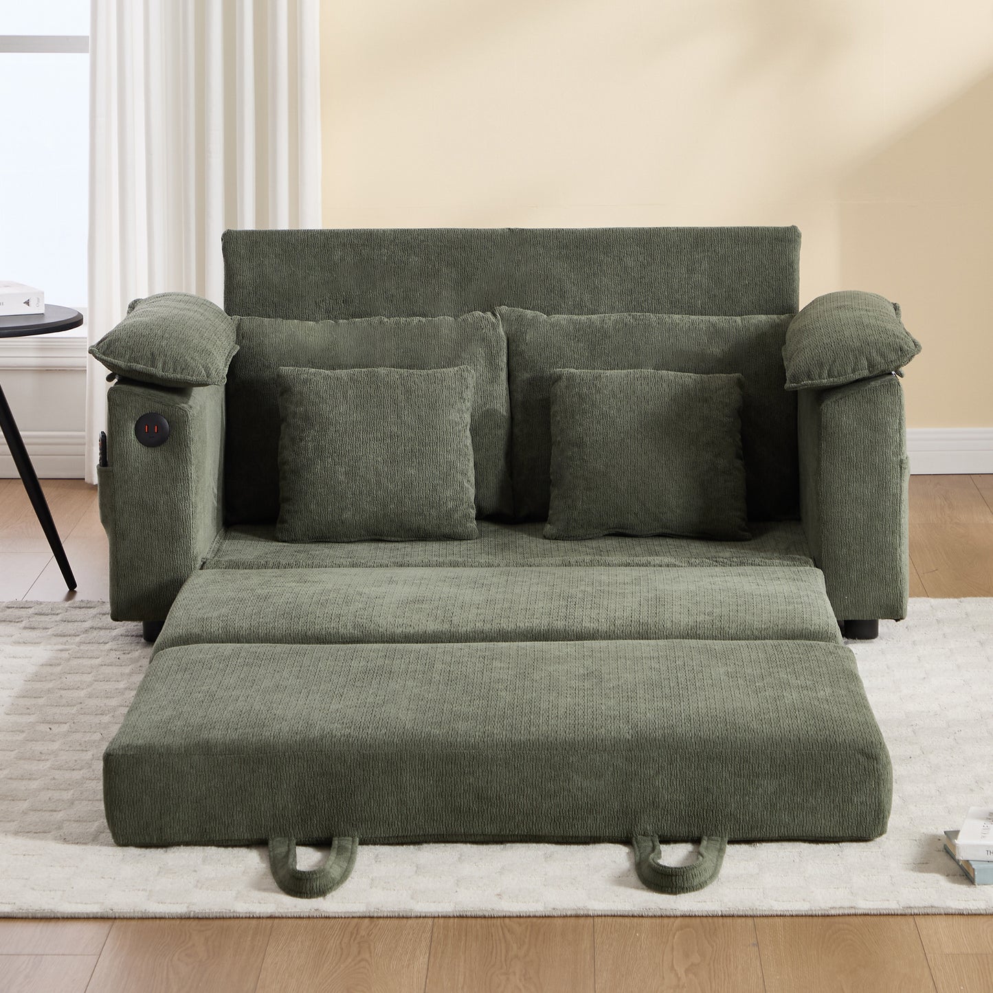 58-Inch Convertible Futon Sofa Bed with Side Pockets - Green