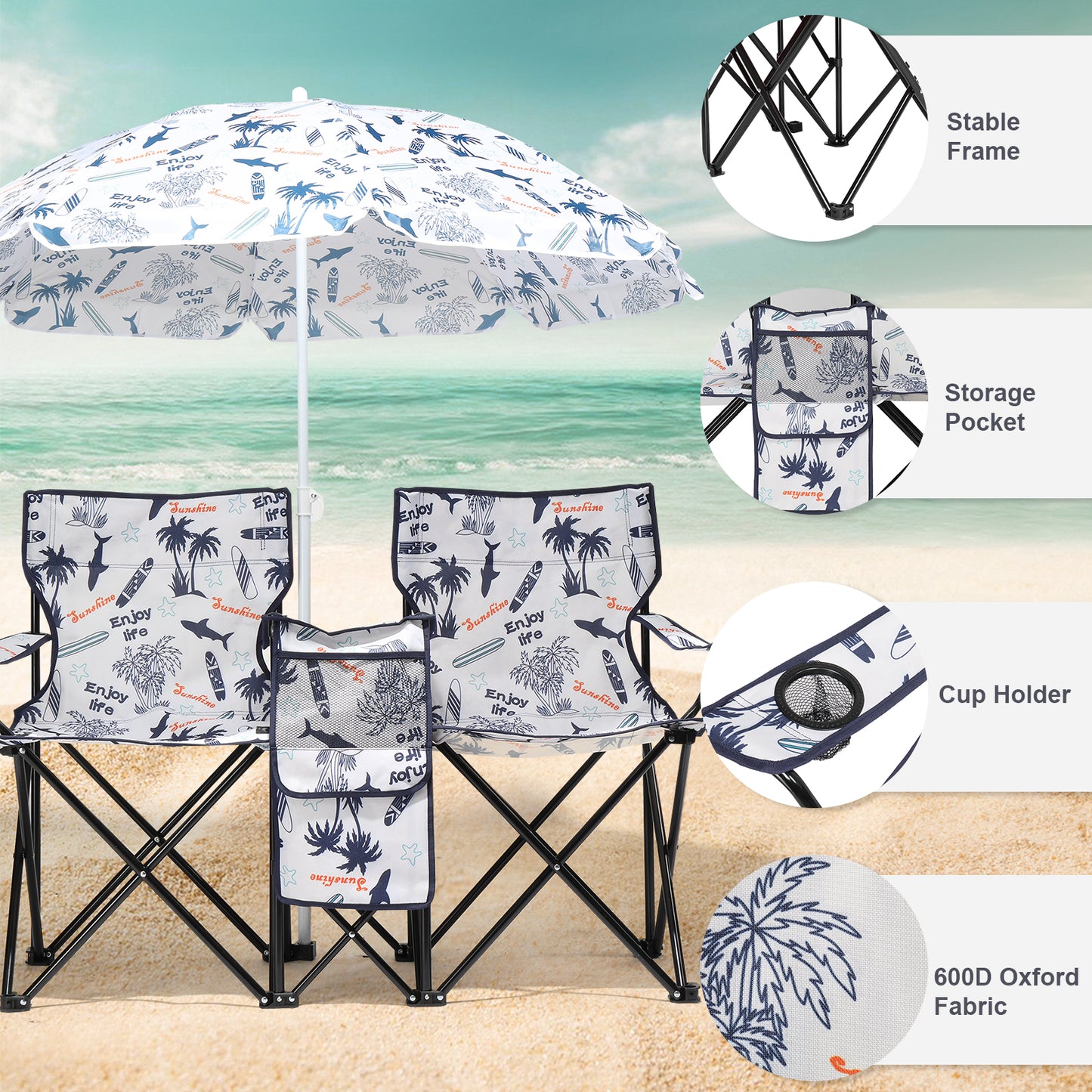 Portable Outdoor 2-Seat Fishing Chair with Removable Umbrella - Coconut Tree Pattern