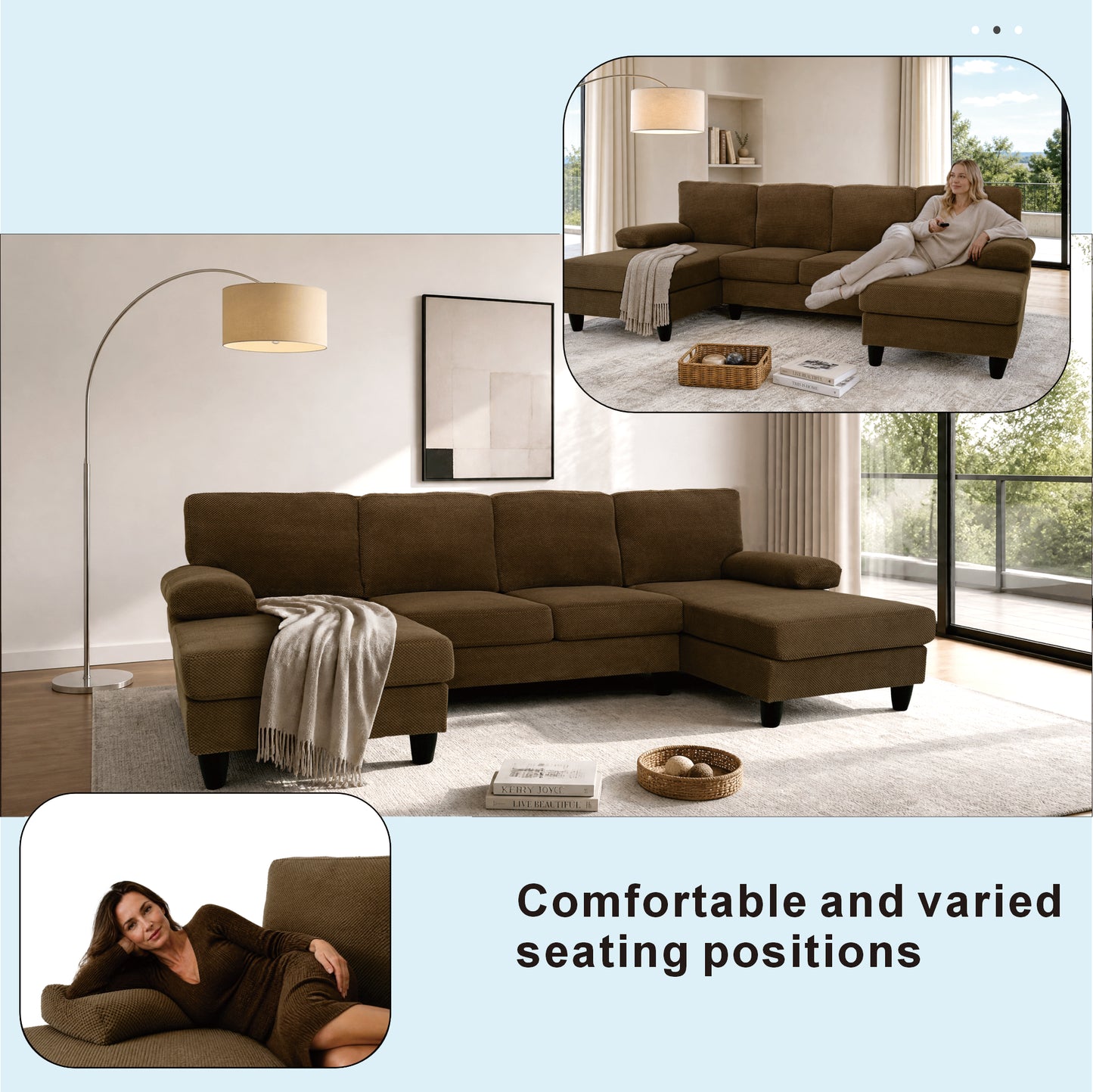 Comfortable U-Shaped Sofa with Dual Chaise & Nubby Upholstery - Coffee