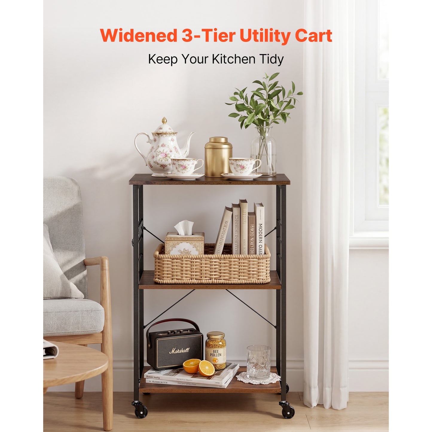 Heavy Duty Kitchen Utility Cart with 3 Tiers, Mobile Storage Trolley with Hooks