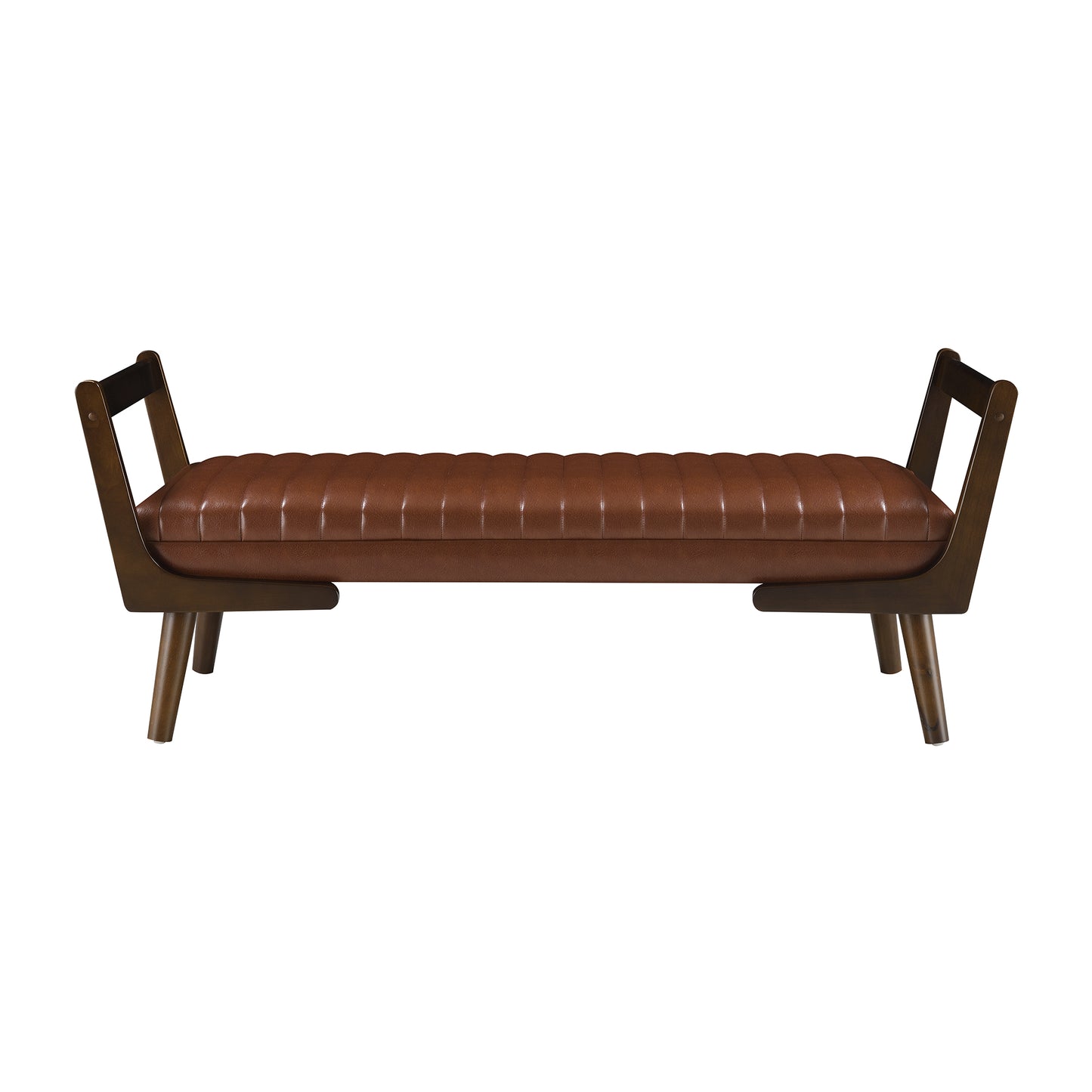 52 Mid Century Bench With Walnut Wood Leg,Channeled Upholstered