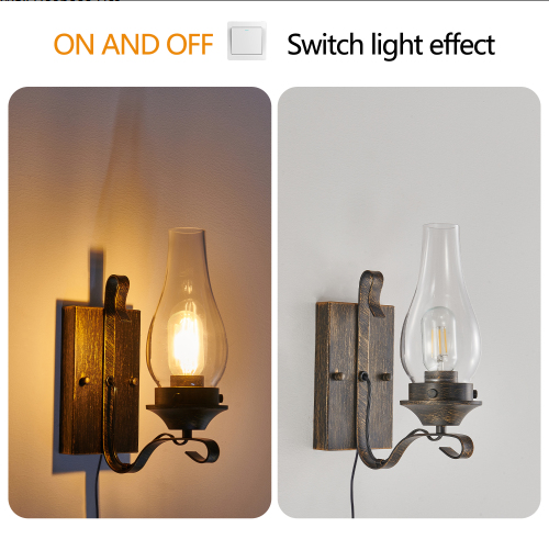 Set of 2 Rustic Farmhouse Plug-in Wall Sconces with Glass Shades - Black & Gold