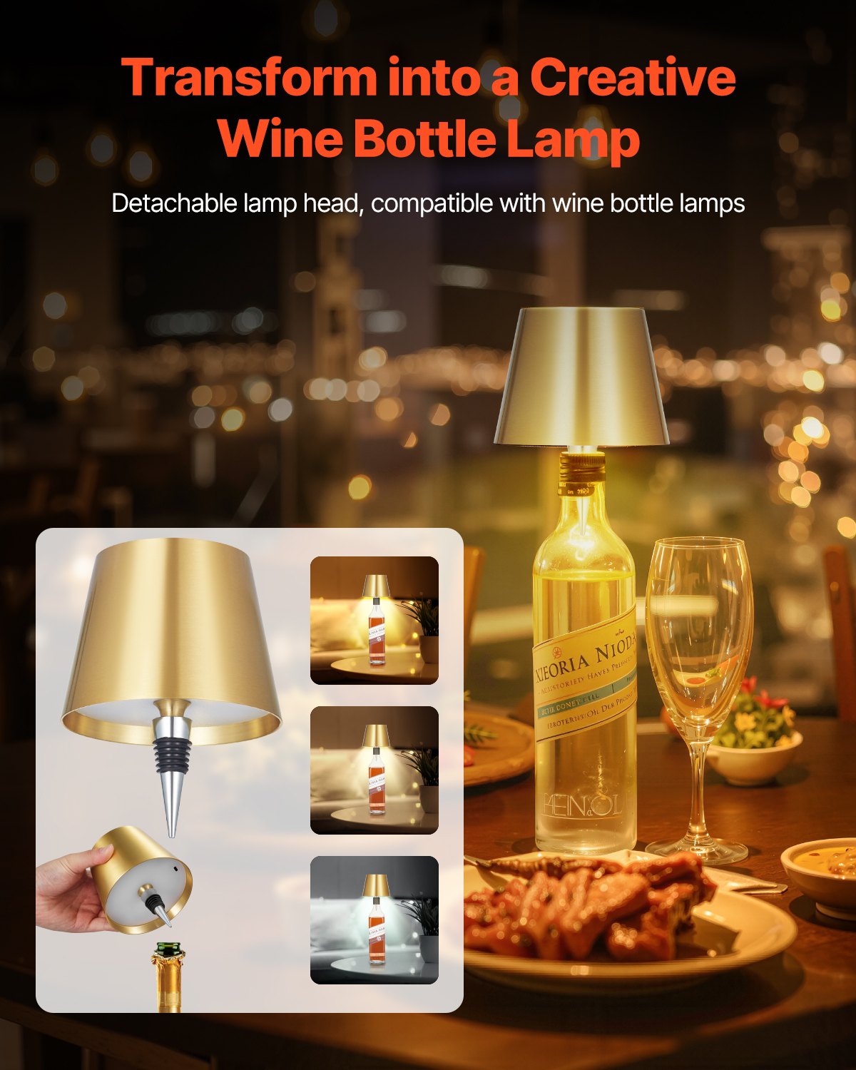 Rechargeable Cordless Table Lamp Set - Adjustable Height Gold, 2 Pack