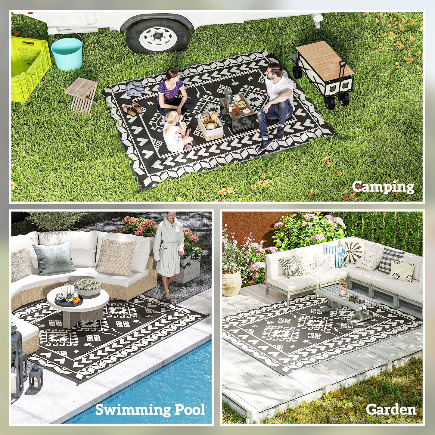 Reversible Outdoor Rug - Waterproof Plastic Straw, 8' x 10', Black & White Patchwork
