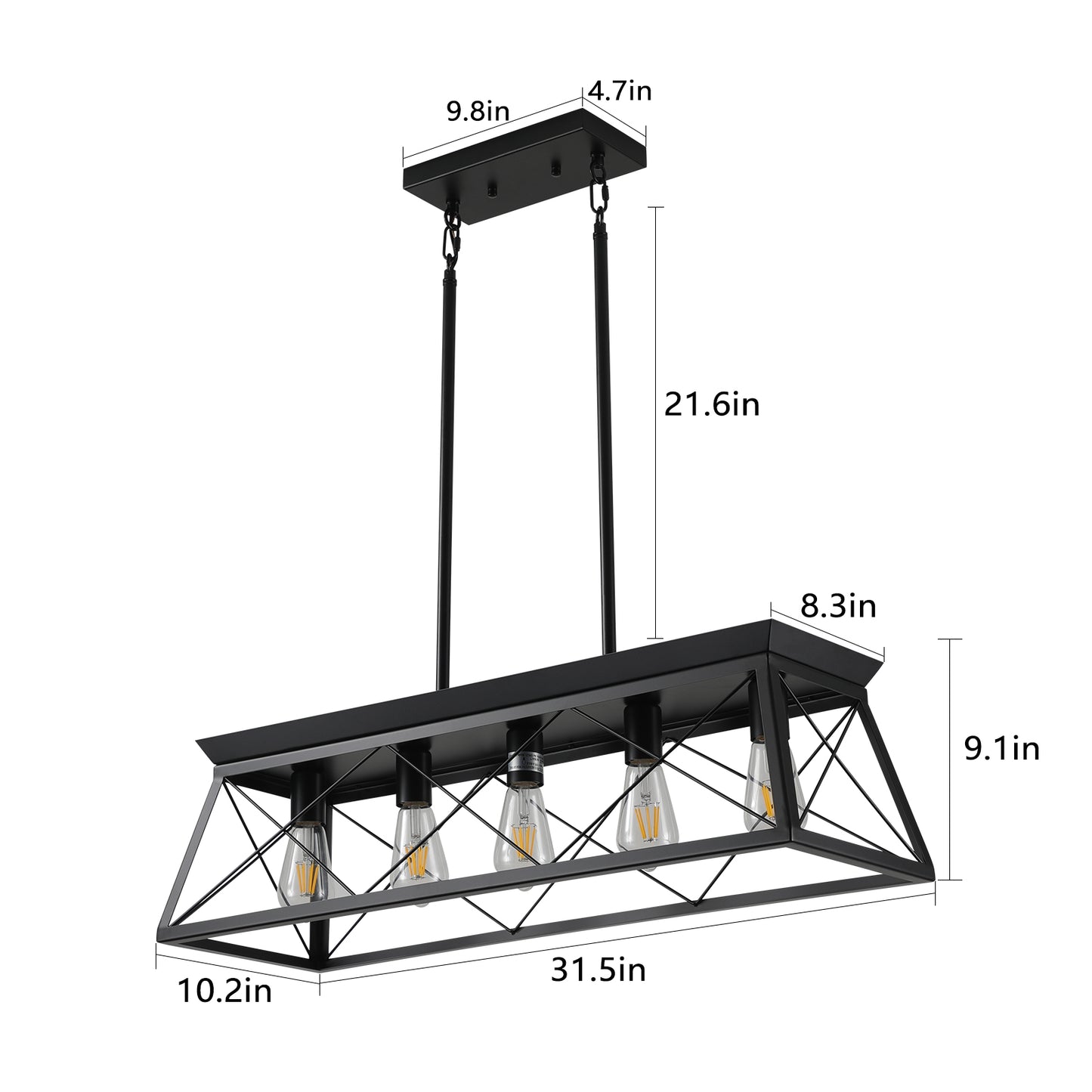 32-Inch Black Industrial 5-Light Pendant Chandelier - Adjustable