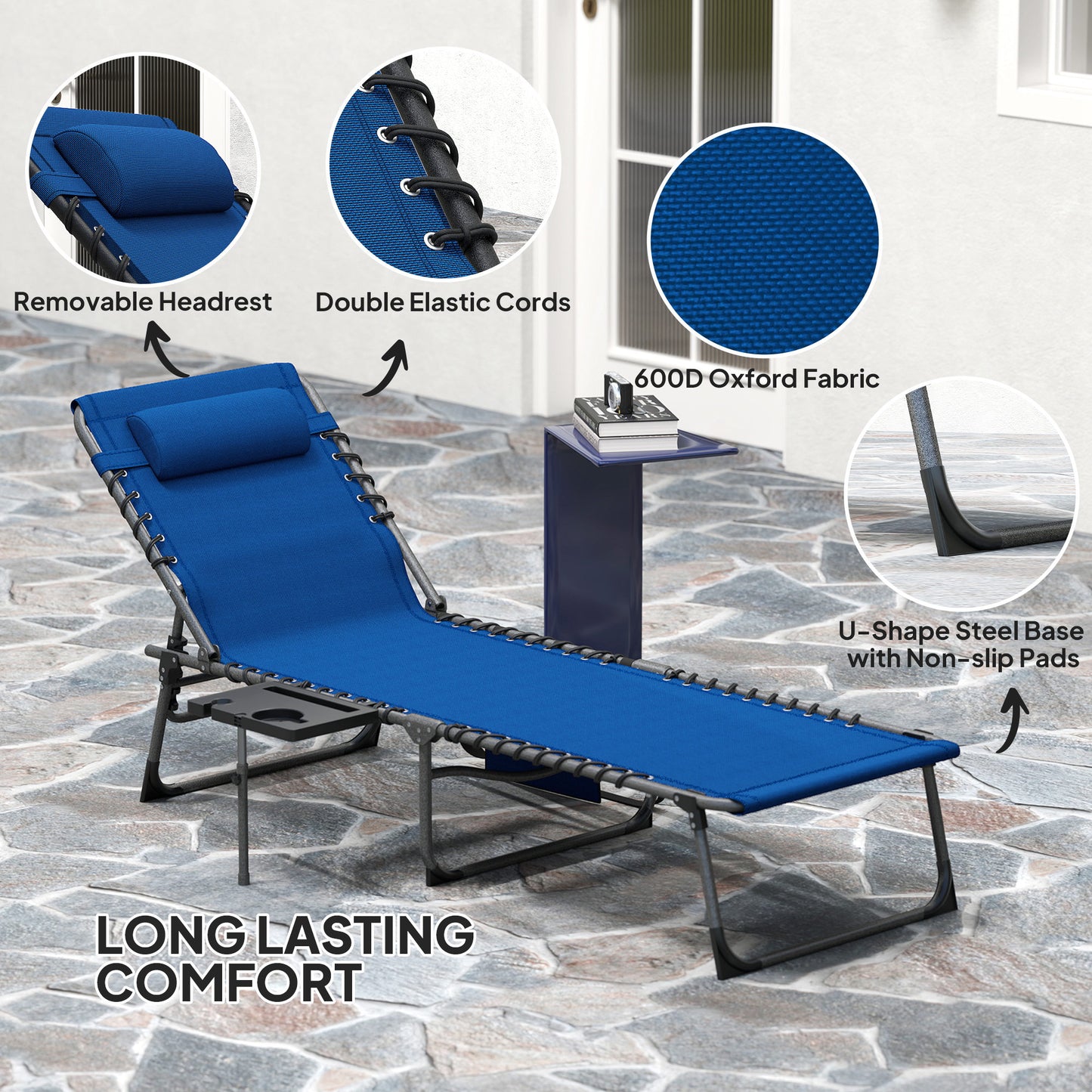 Folding Chaise Lounge Chair with Adjustable Back & Side Table - Dark Blue
