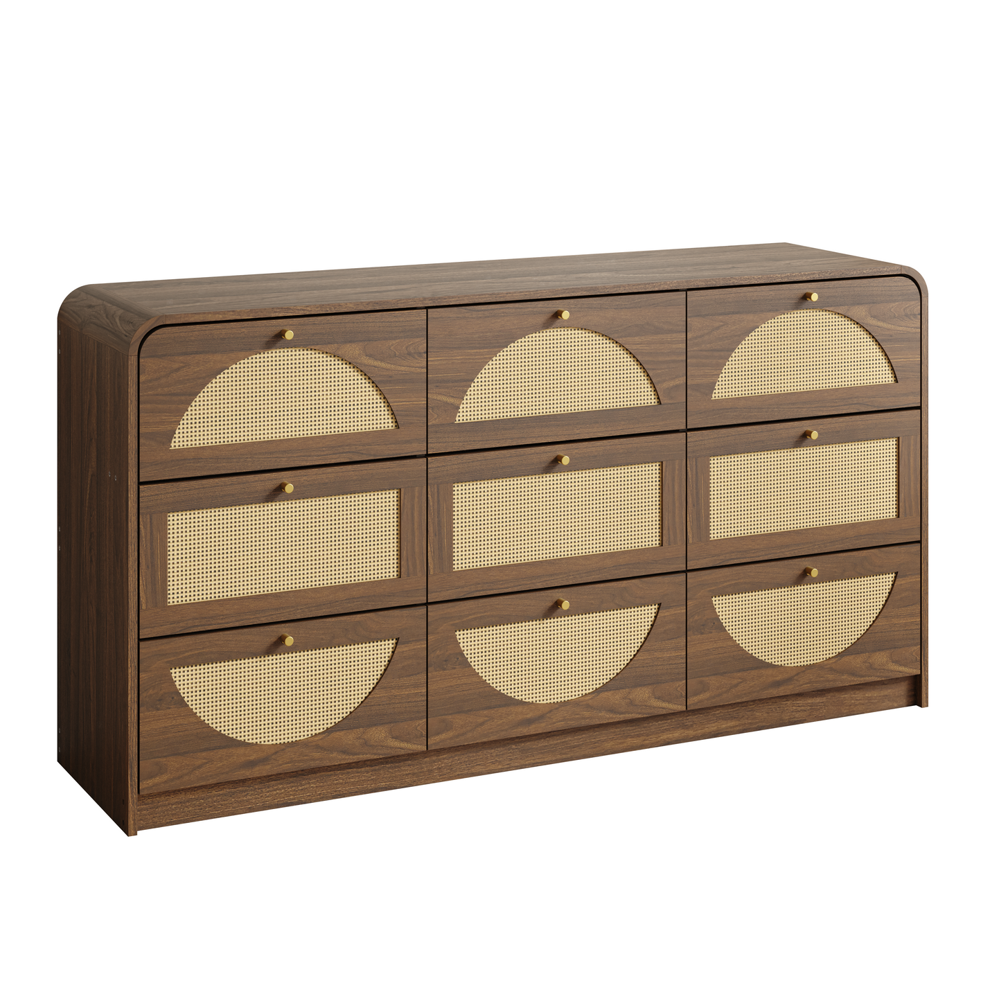 Modern 9-Drawer Dresser with Rattan Front - Walnut Finish