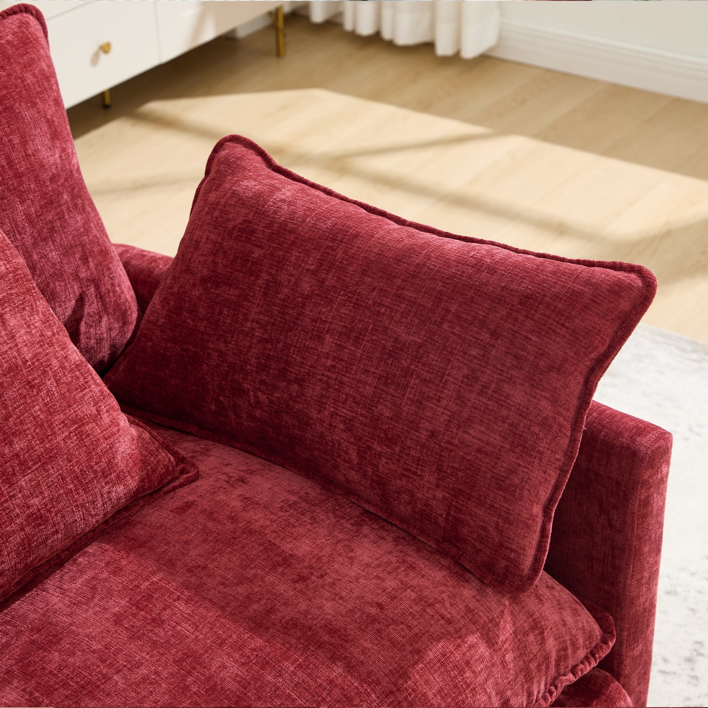 Modern Accent Chair with Ottoman - Wine Red Chenille Upholstery