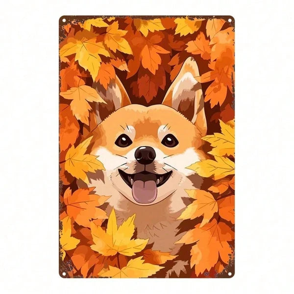 Cute Shiba Inu Metal Sign - Autumn Leaves Wall Art Decor
