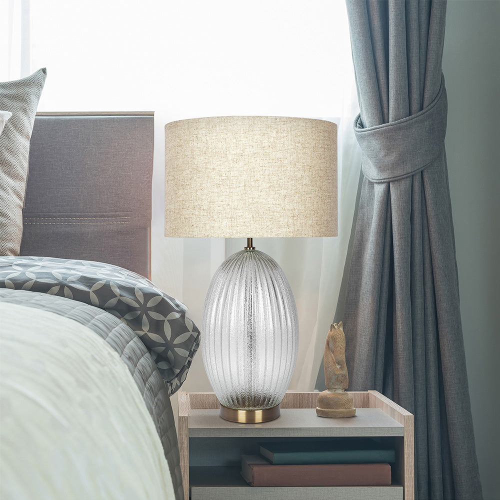 Aurora Ribbed Glass Lamp Base Clear Table Large Linen Shade