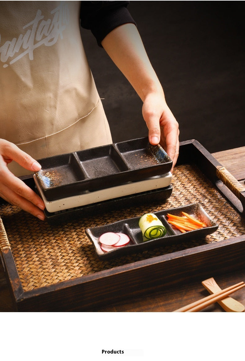 Rectangular Ceramic Sauce Dish with Three Grid Sections - Japanese Style Kitchenware