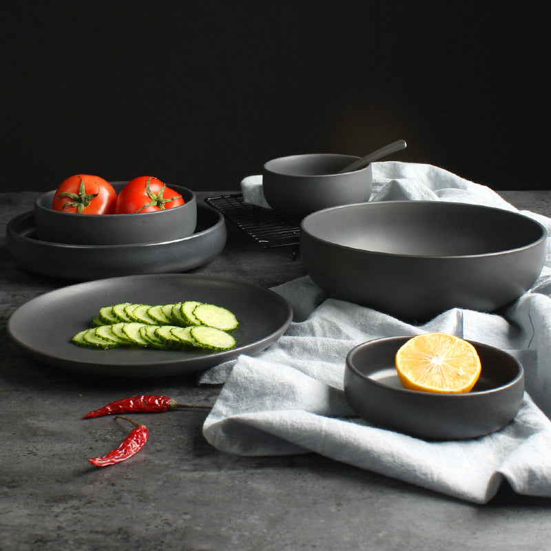 Deep Ceramic Rice & Noodle Bowl Set with Flat Plate & Shallow Platter