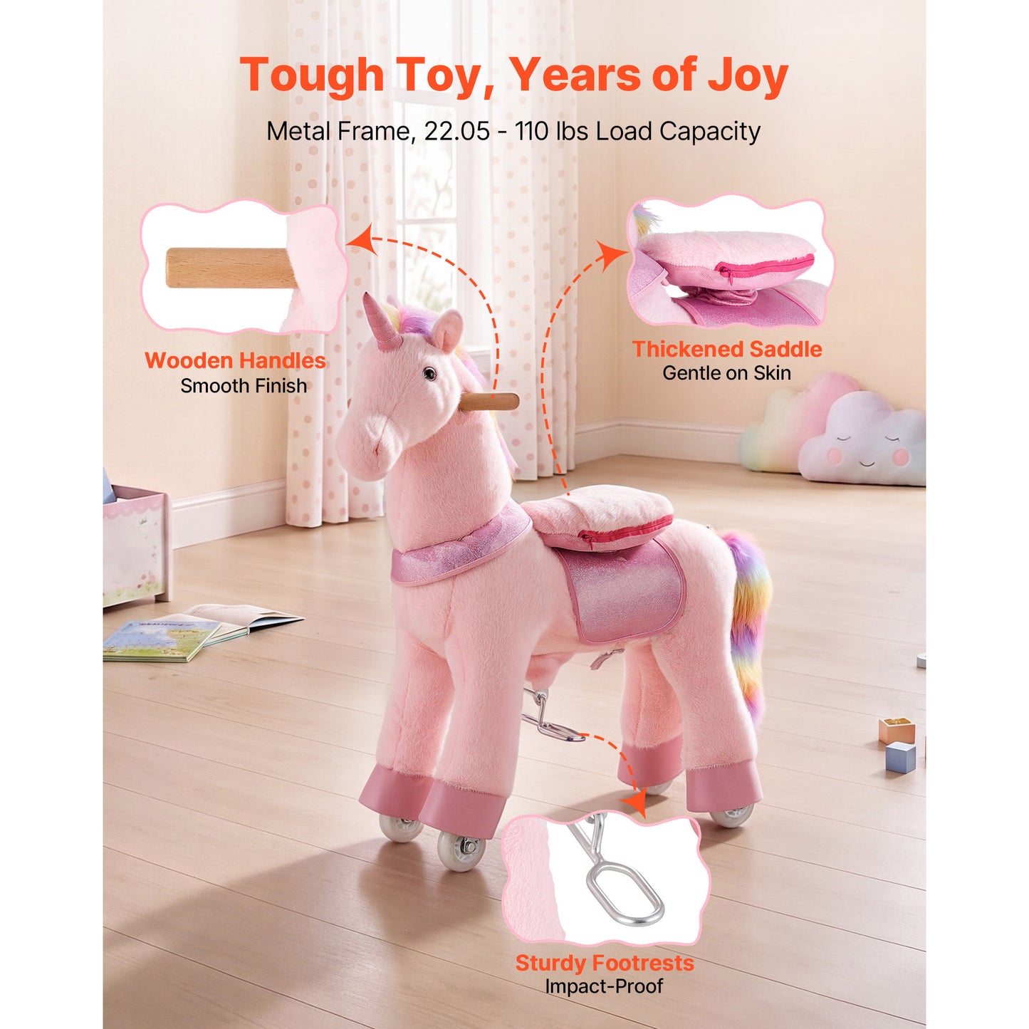 Kids Ride-On Horse Toy with Pink Unicorn Design - No Battery Needed, Smooth Wheels, Upgraded Seat & Handles, 3-8 Years