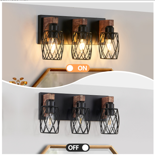 18-Inch Industrial Vintage Wall Sconce - Black Cage & Wooden Accents, 3-Light Fixture