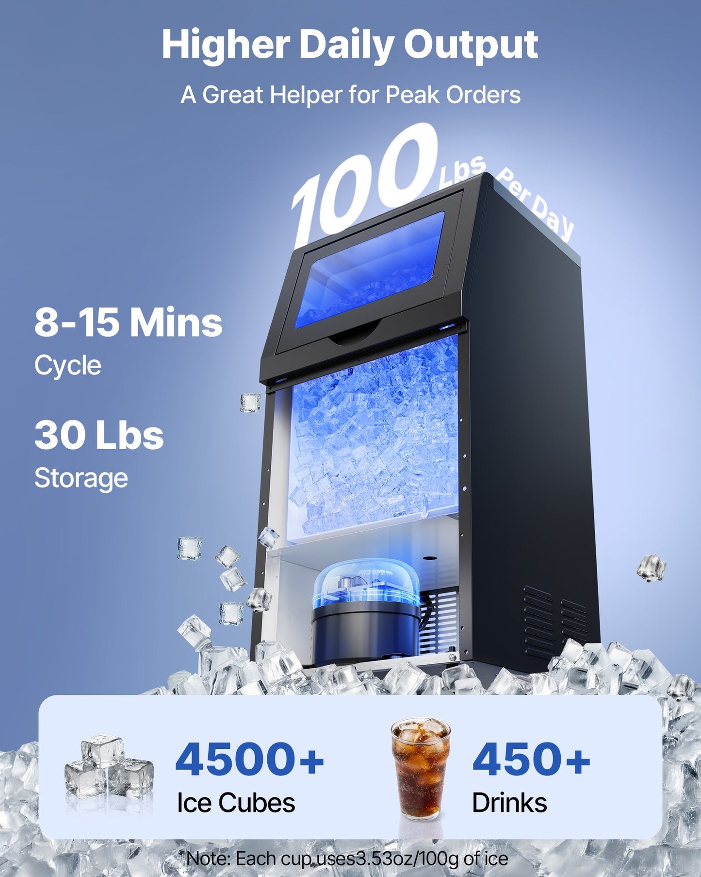 Commercial Ice Maker Machine 100 Lbs/24h with 30 Lbs Storage Stainless Steel