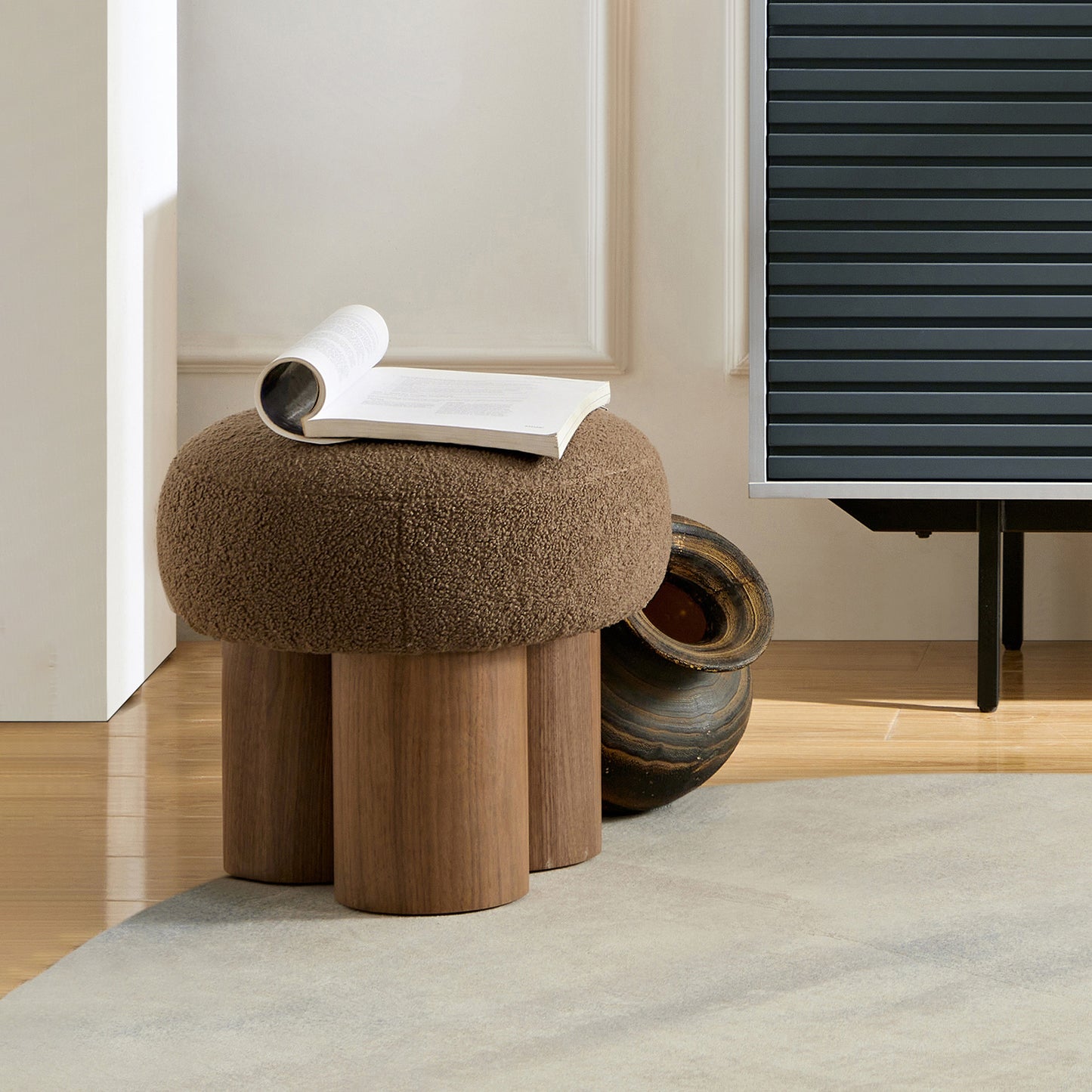 W8017-1 Mushroom Stool, Brown Lamb Wool Seat, Barrel PVC Pipe With