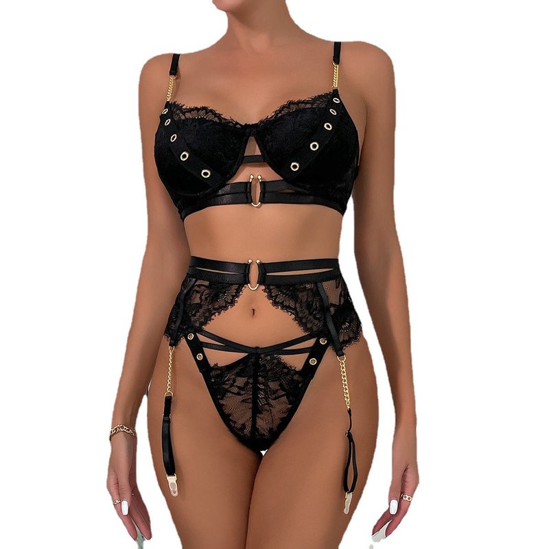 Underwear Chain Set with Garter - Three Piece Lingerie for Women