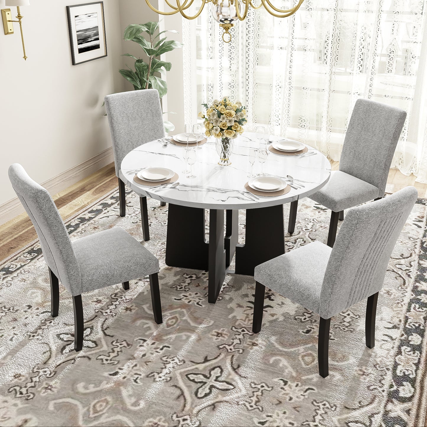 5-Piece Round Dining Table Set, 43-Inch Modern And 4 Upholstered